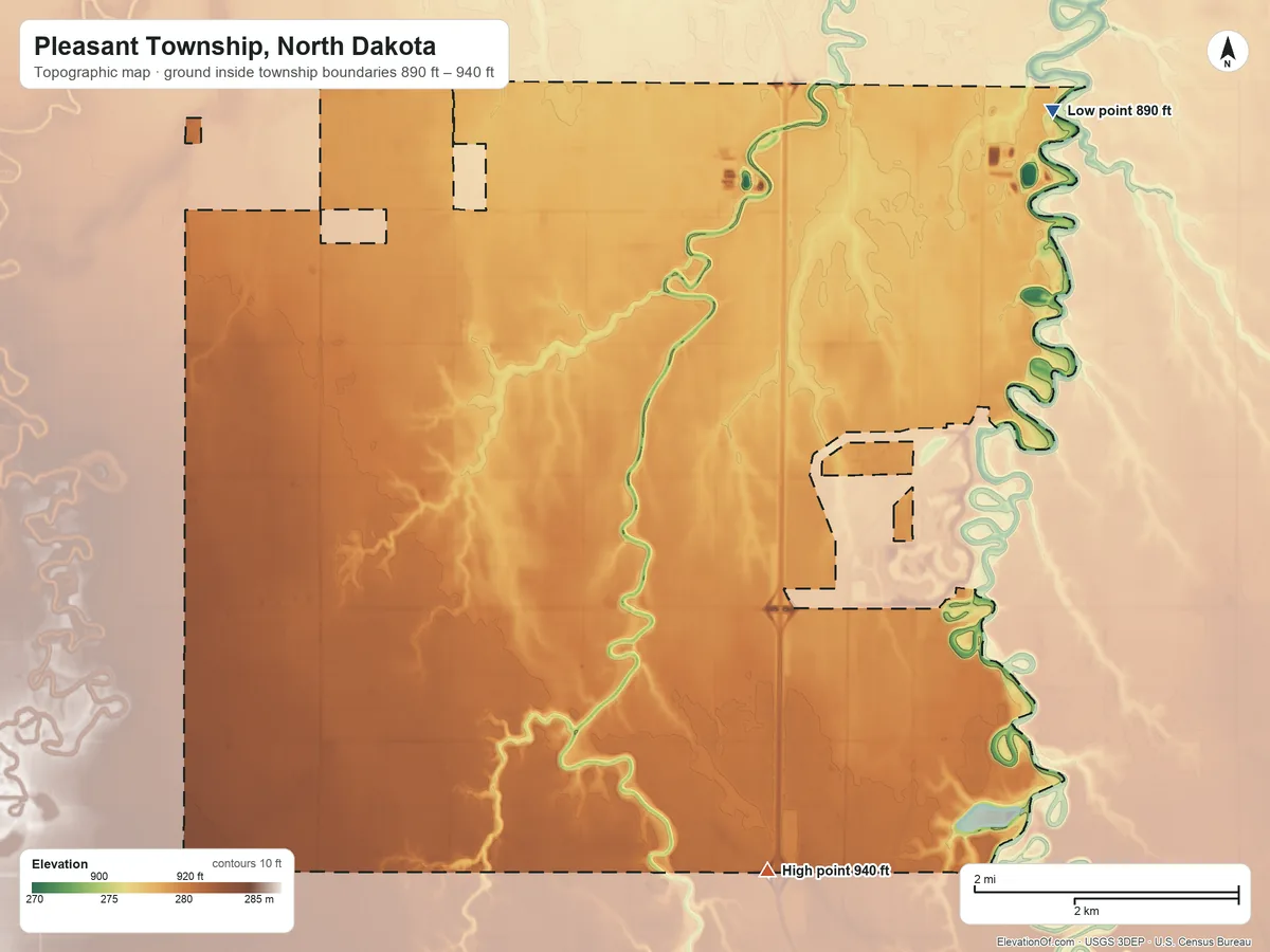 Topographic elevation map of Pleasant Township, North Dakota, shaded from 890 ft on the northeast side to 940 ft on the south side