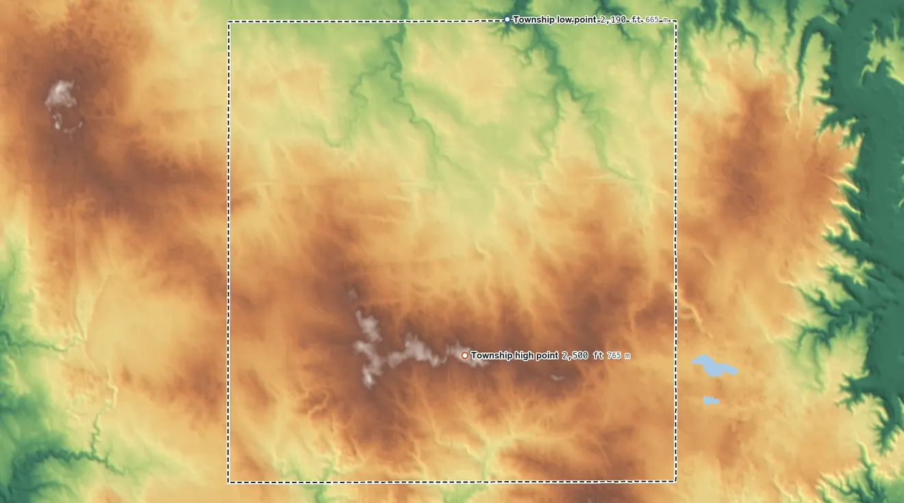 Topographic elevation map of Pleasant Valley Township, North Dakota, shaded from 2,190 ft on the northeast side to 2,500 ft on the southeast side