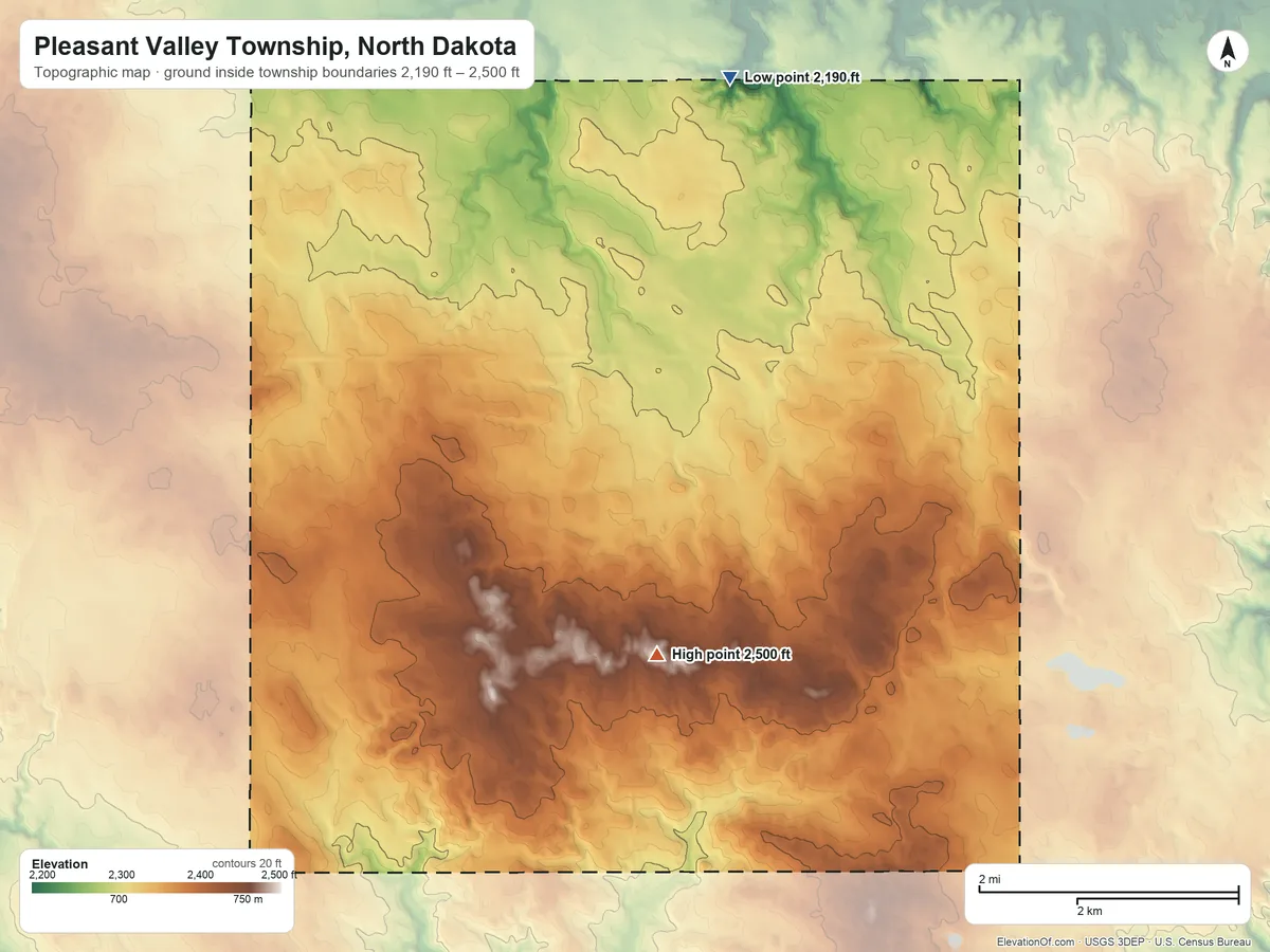 Topographic elevation map of Pleasant Valley Township, North Dakota, shaded from 2,190 ft on the northeast side to 2,500 ft on the southeast side