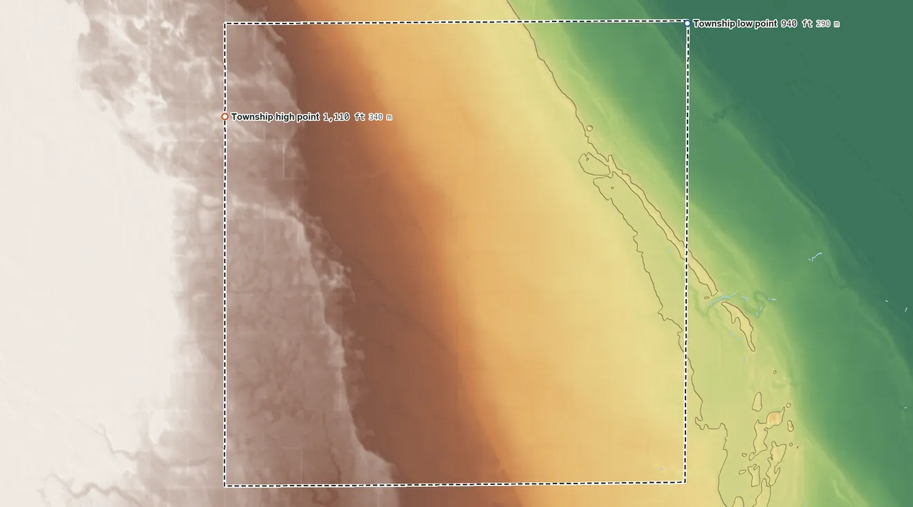 Topographic elevation map of Pleasant View Township, North Dakota, shaded from 940 ft on the northeast side to 1,110 ft on the west side