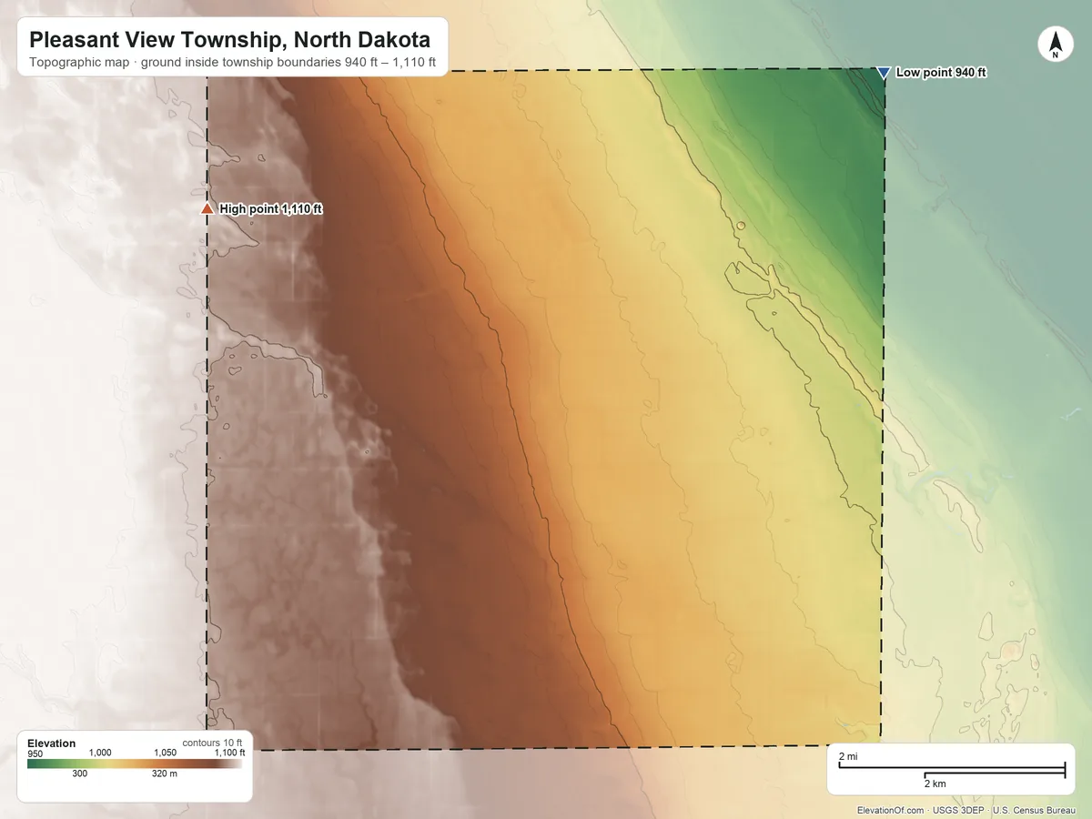 Topographic elevation map of Pleasant View Township, North Dakota, shaded from 940 ft on the northeast side to 1,110 ft on the west side