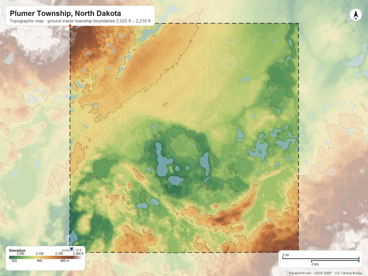 Topographic elevation map of Plumer Township, North Dakota, shaded from 2,020 ft on the south side to 2,210 ft on the north side