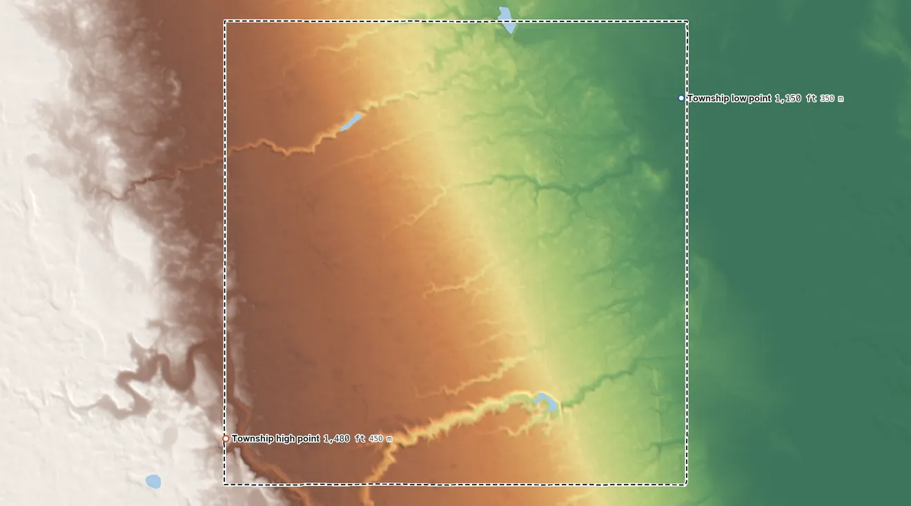 Topographic elevation map of Plymouth Township, North Dakota, shaded from 1,150 ft on the northeast side to 1,480 ft on the west side