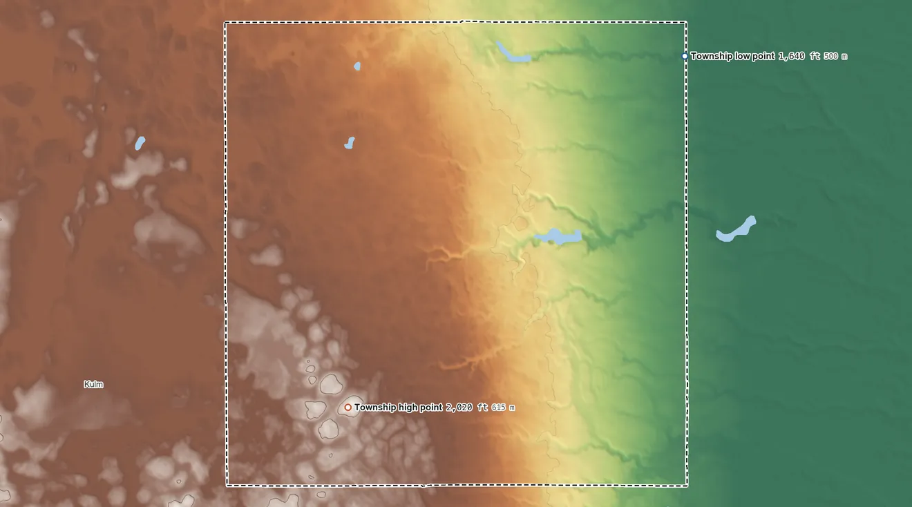 Topographic elevation map of Pomona View Township, North Dakota, shaded from 1,640 ft on the northeast side to 2,020 ft on the northwest side