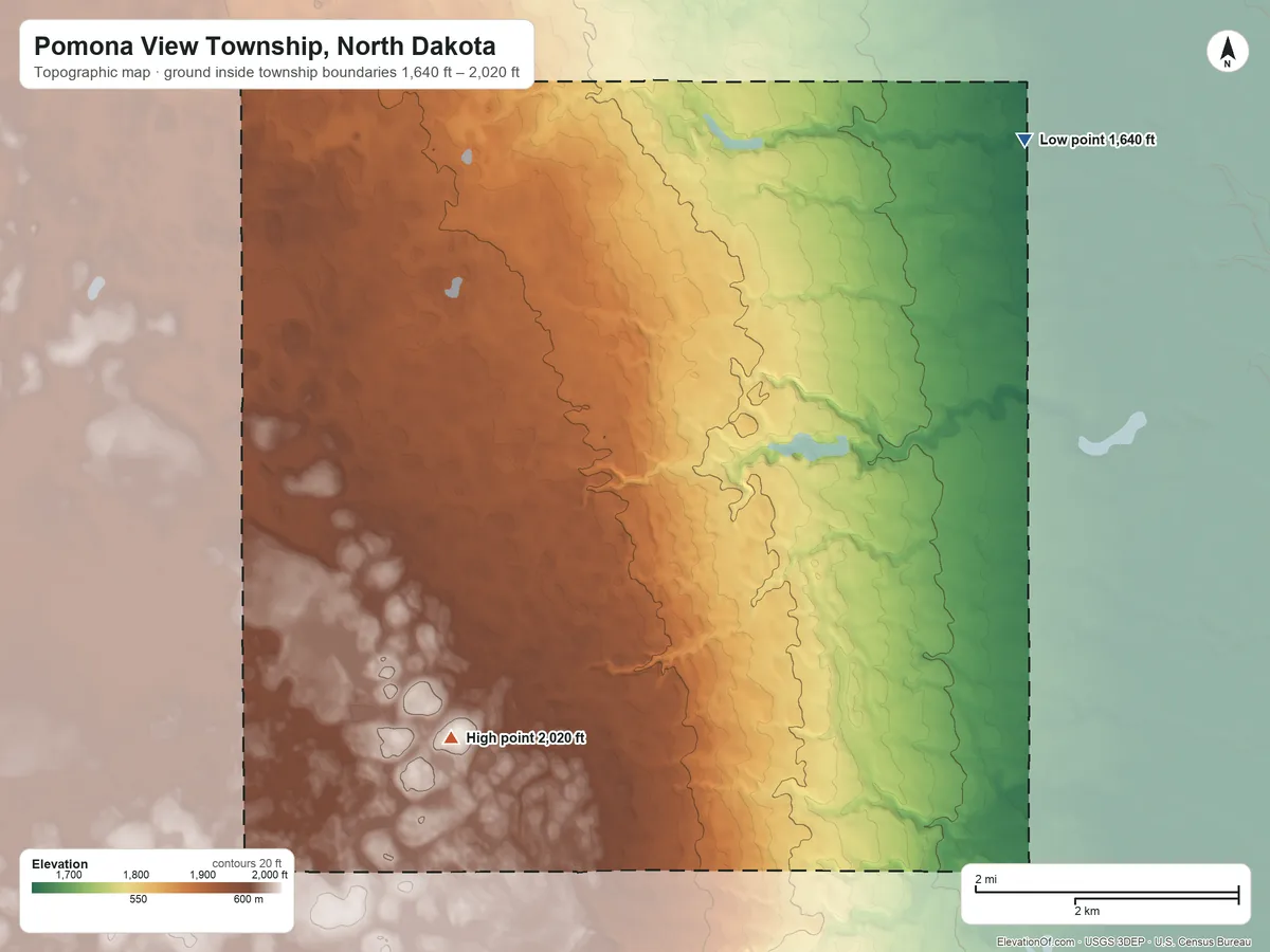 Topographic elevation map of Pomona View Township, North Dakota, shaded from 1,640 ft on the northeast side to 2,020 ft on the northwest side