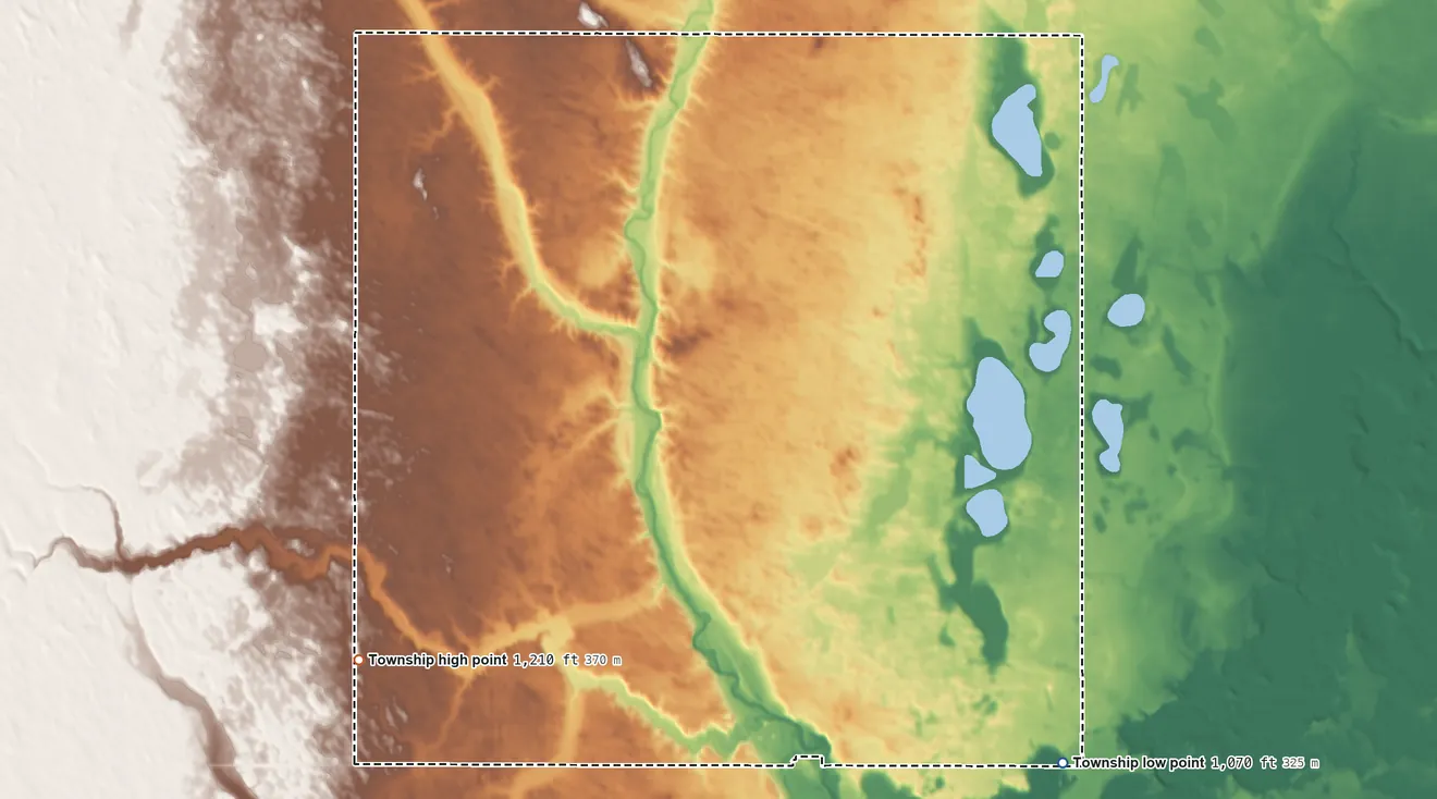 Topographic elevation map of Pontiac Township, North Dakota, shaded from 1,070 ft on the southeast side to 1,210 ft on the southwest side