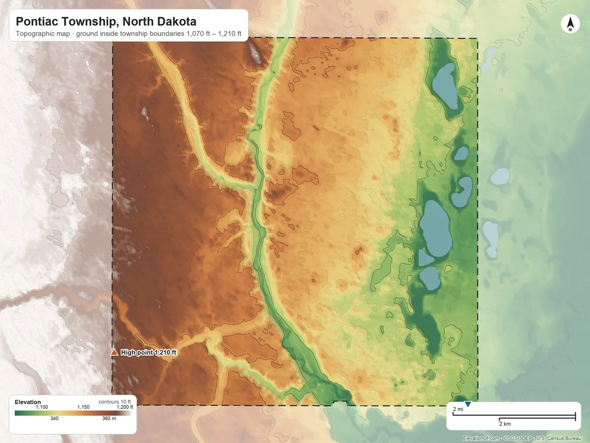 Topographic elevation map of Pontiac Township, North Dakota, shaded from 1,070 ft on the southeast side to 1,210 ft on the southwest side