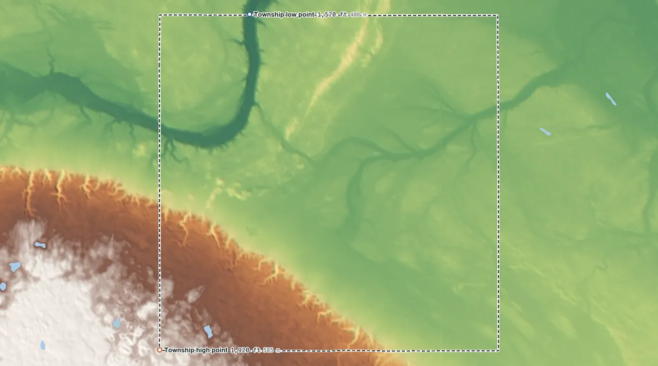 Topographic elevation map of Pony Gulch Township, North Dakota, shaded from 1,570 ft on the northwest side to 1,920 ft on the southwest side