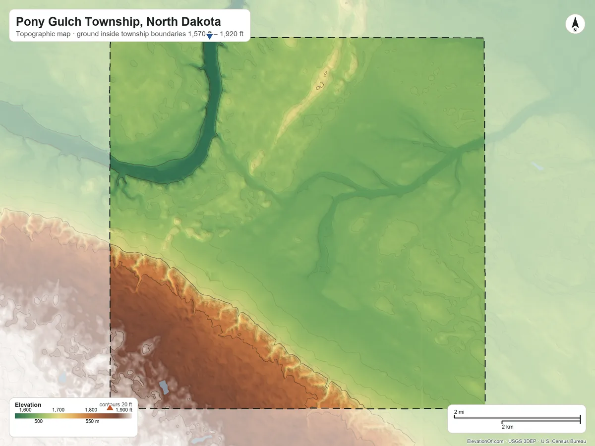 Topographic elevation map of Pony Gulch Township, North Dakota, shaded from 1,570 ft on the northwest side to 1,920 ft on the southwest side