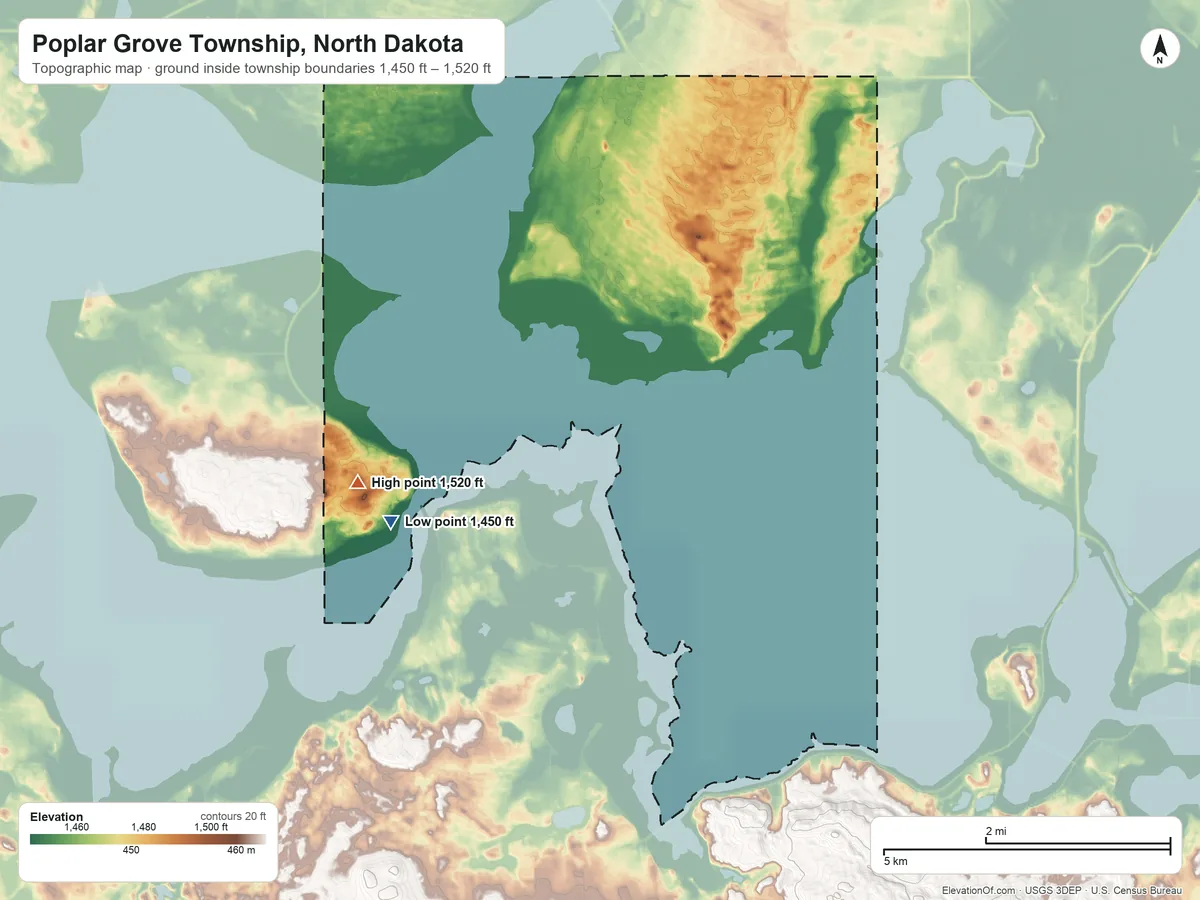 Topographic elevation map of Poplar Grove Township, North Dakota, shaded from 1,450 ft on the southwest side to 1,520 ft on the southwest side