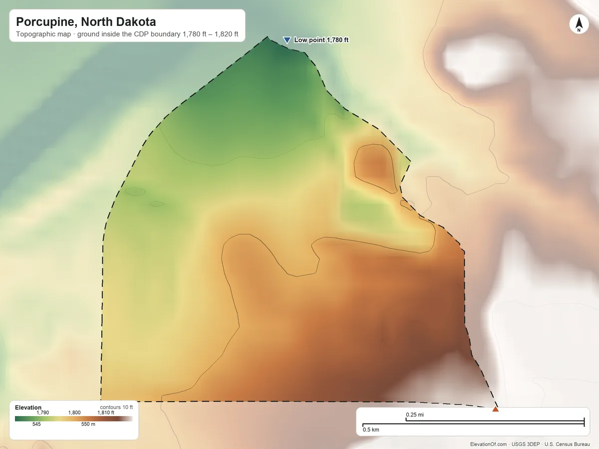 Topographic elevation map of Porcupine, North Dakota, shaded from 1,780 ft on the north side to 1,820 ft on the southeast side