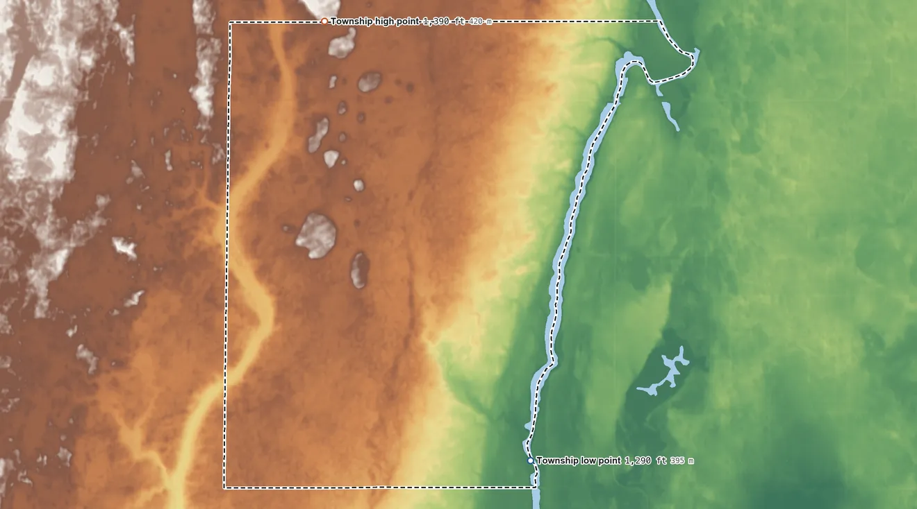 Topographic elevation map of Port Emma Township, North Dakota, shaded from 1,290 ft on the southeast side to 1,390 ft on the northwest side