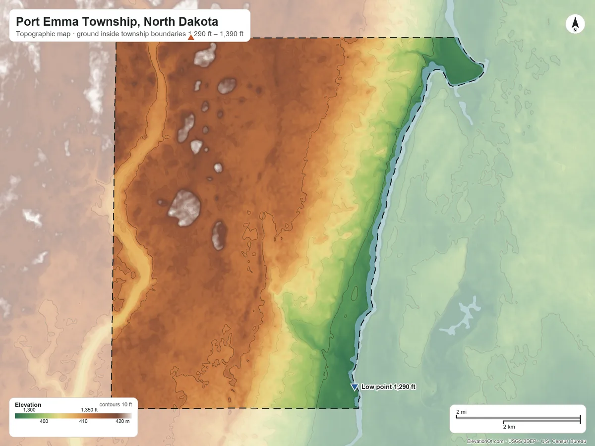 Topographic elevation map of Port Emma Township, North Dakota, shaded from 1,290 ft on the southeast side to 1,390 ft on the northwest side