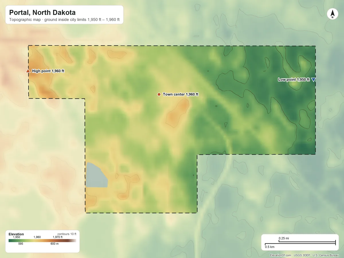 Topographic elevation map of Portal, North Dakota, shaded from 1,950 ft on the east side to 1,960 ft on the west side
