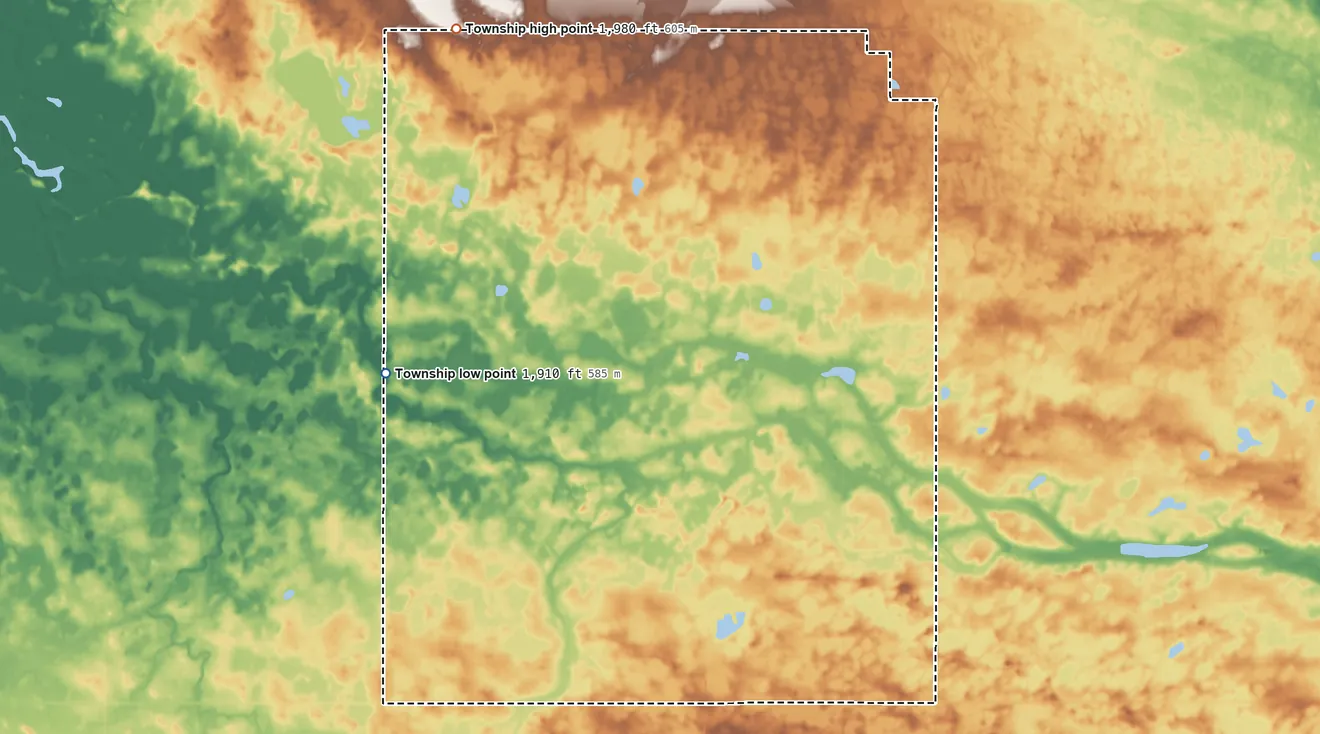 Topographic elevation map of Portal Township, North Dakota, shaded from 1,910 ft on the west side to 1,980 ft on the northwest side