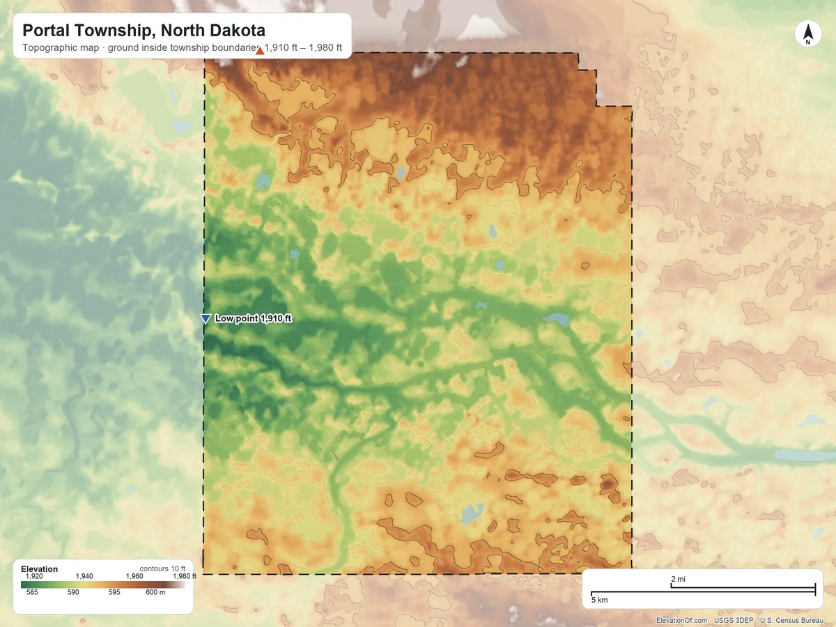 Topographic elevation map of Portal Township, North Dakota, shaded from 1,910 ft on the west side to 1,980 ft on the northwest side
