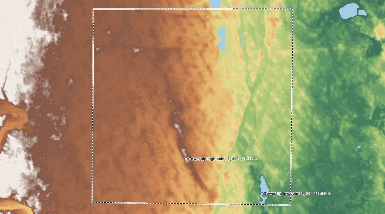 Topographic elevation map of Porter Township, North Dakota, shaded from 1,410 ft on the south side to 1,490 ft on the southwest side