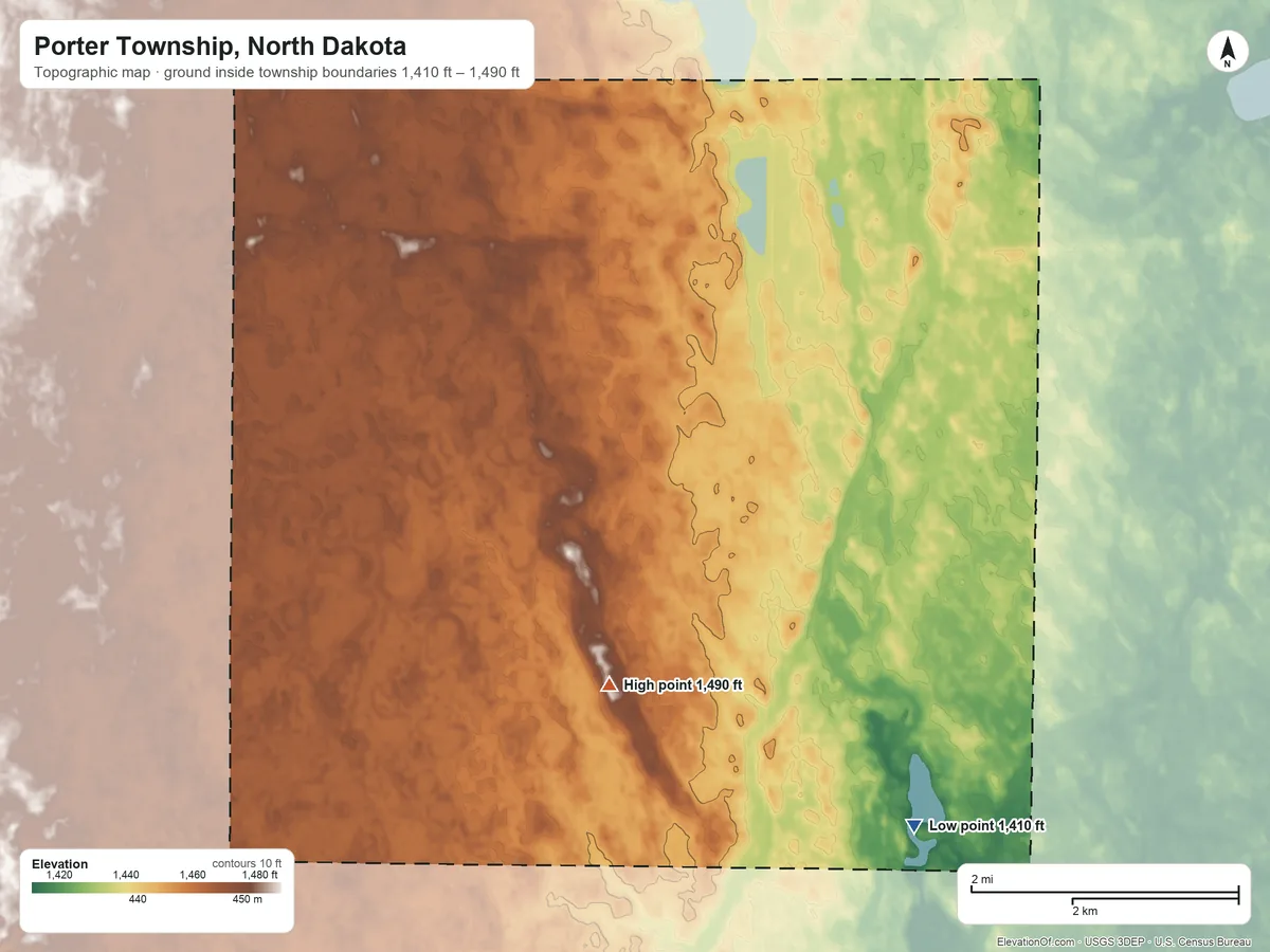 Topographic elevation map of Porter Township, North Dakota, shaded from 1,410 ft on the south side to 1,490 ft on the southwest side