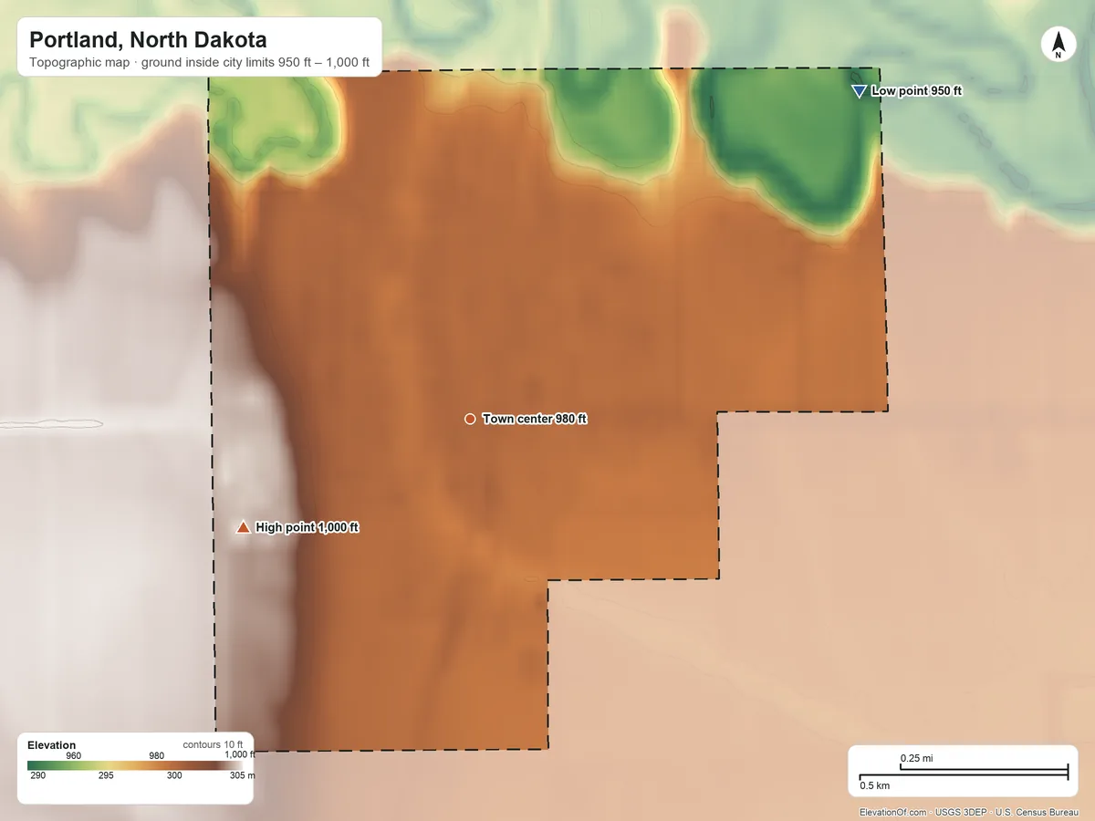 Topographic elevation map of Portland, North Dakota, shaded from 950 ft on the northeast side to 1,000 ft on the southwest side