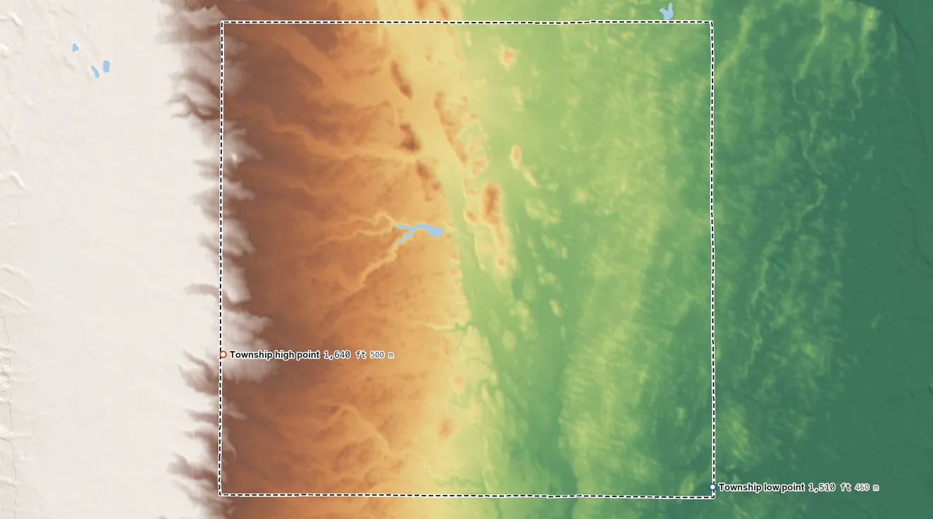 Topographic elevation map of Potsdam Township, North Dakota, shaded from 1,510 ft on the south side to 1,640 ft on the southwest side