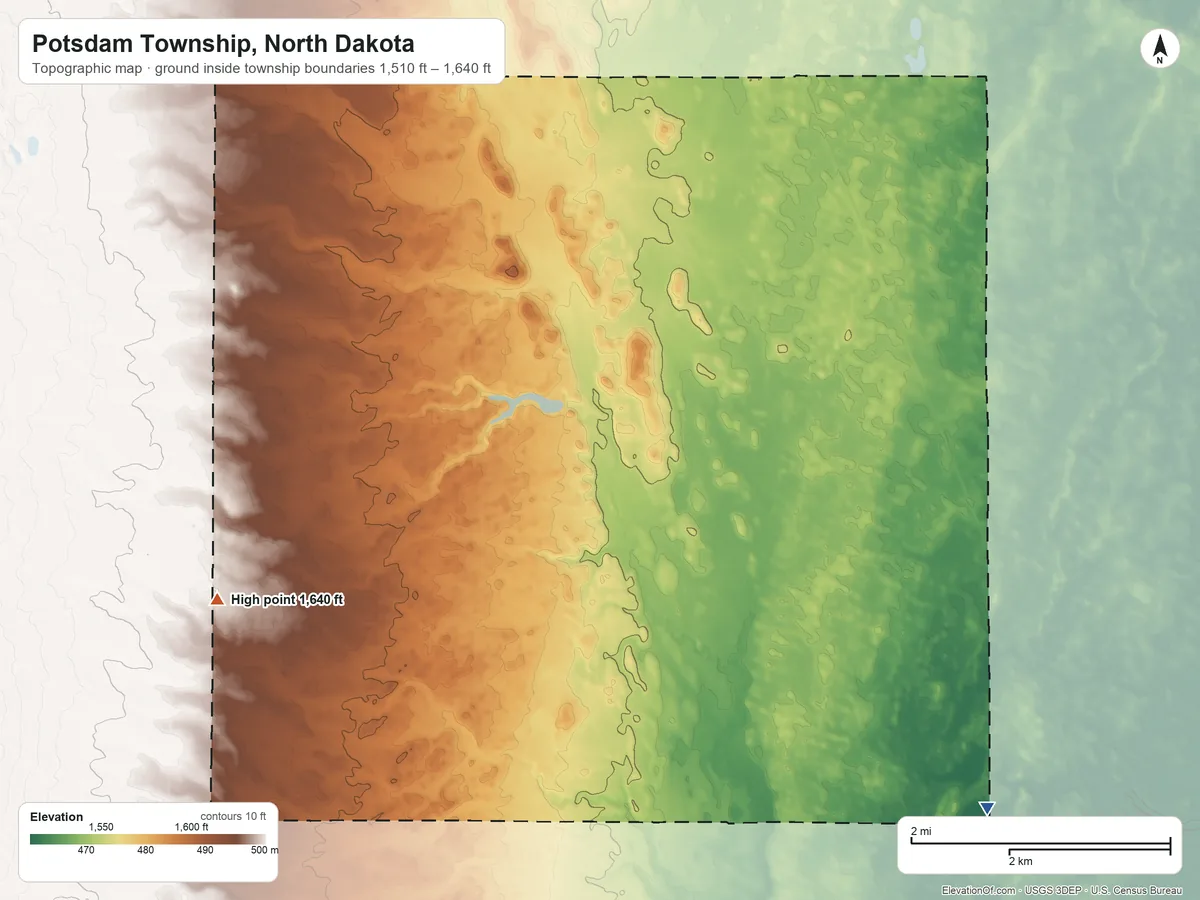 Topographic elevation map of Potsdam Township, North Dakota, shaded from 1,510 ft on the south side to 1,640 ft on the southwest side