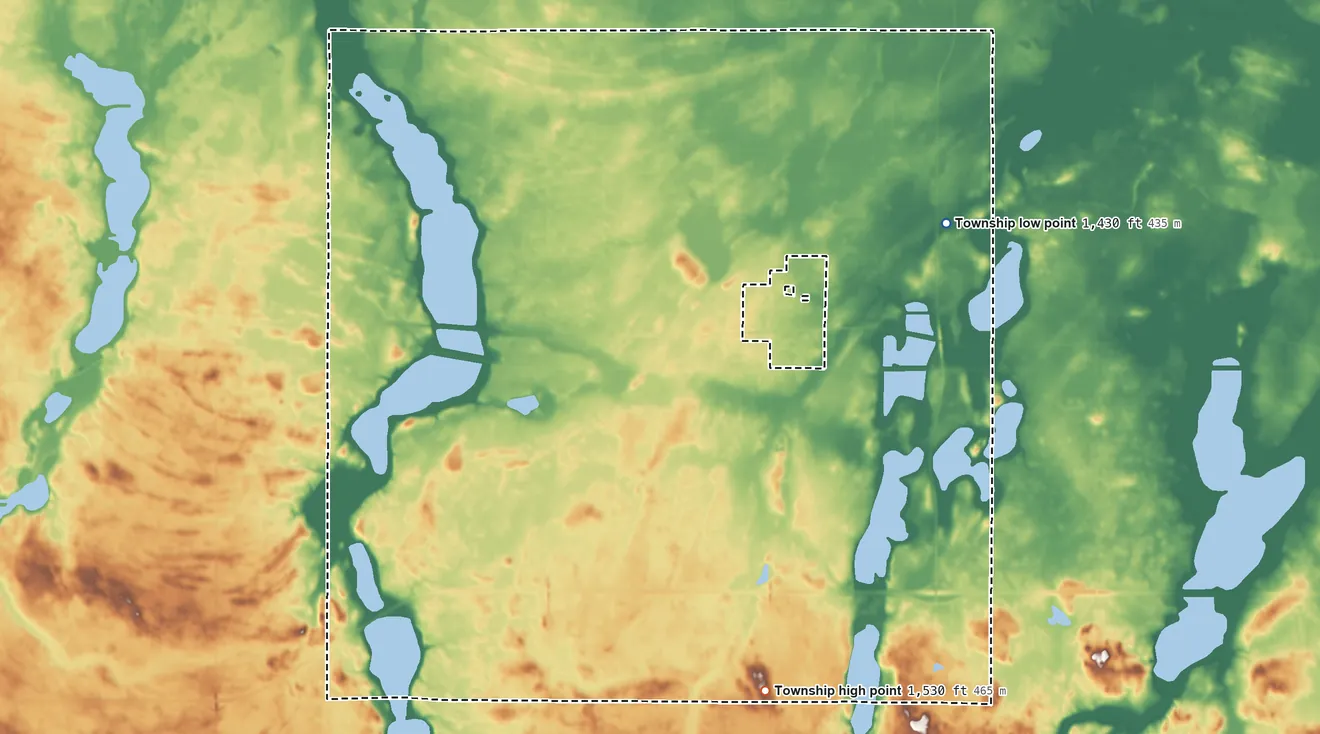 Topographic elevation map of Potter Township, North Dakota, shaded from 1,430 ft on the east side to 1,530 ft on the south side