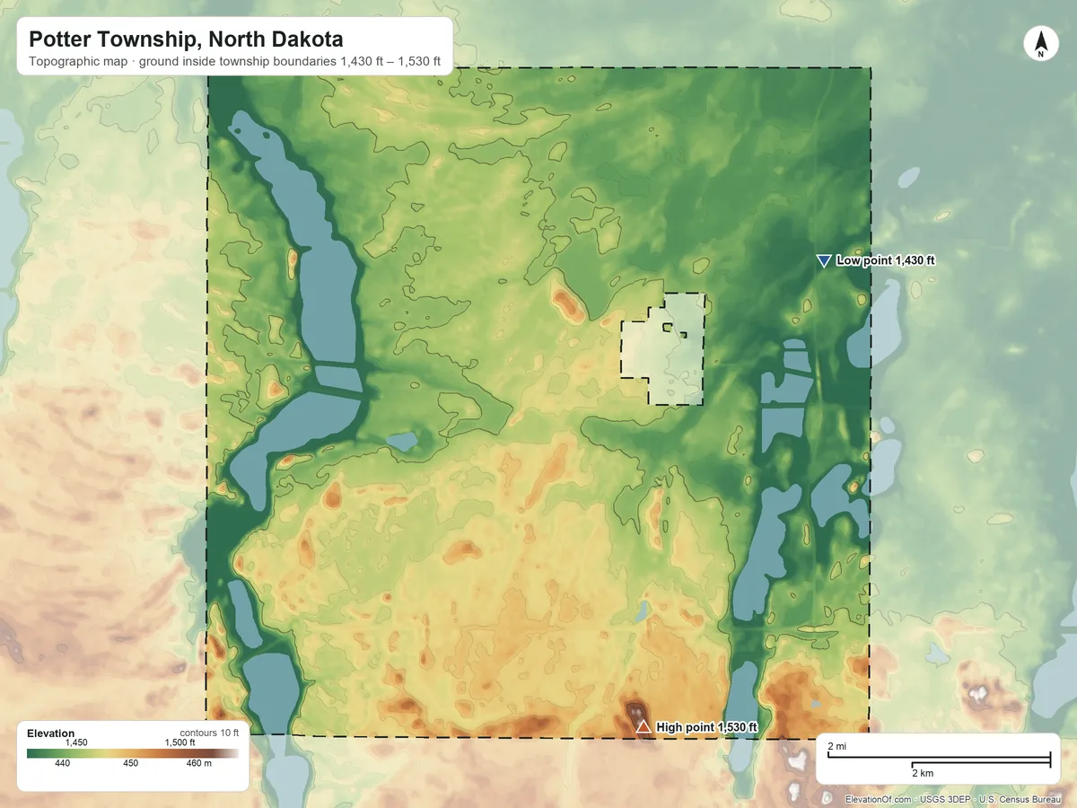 Topographic elevation map of Potter Township, North Dakota, shaded from 1,430 ft on the east side to 1,530 ft on the south side