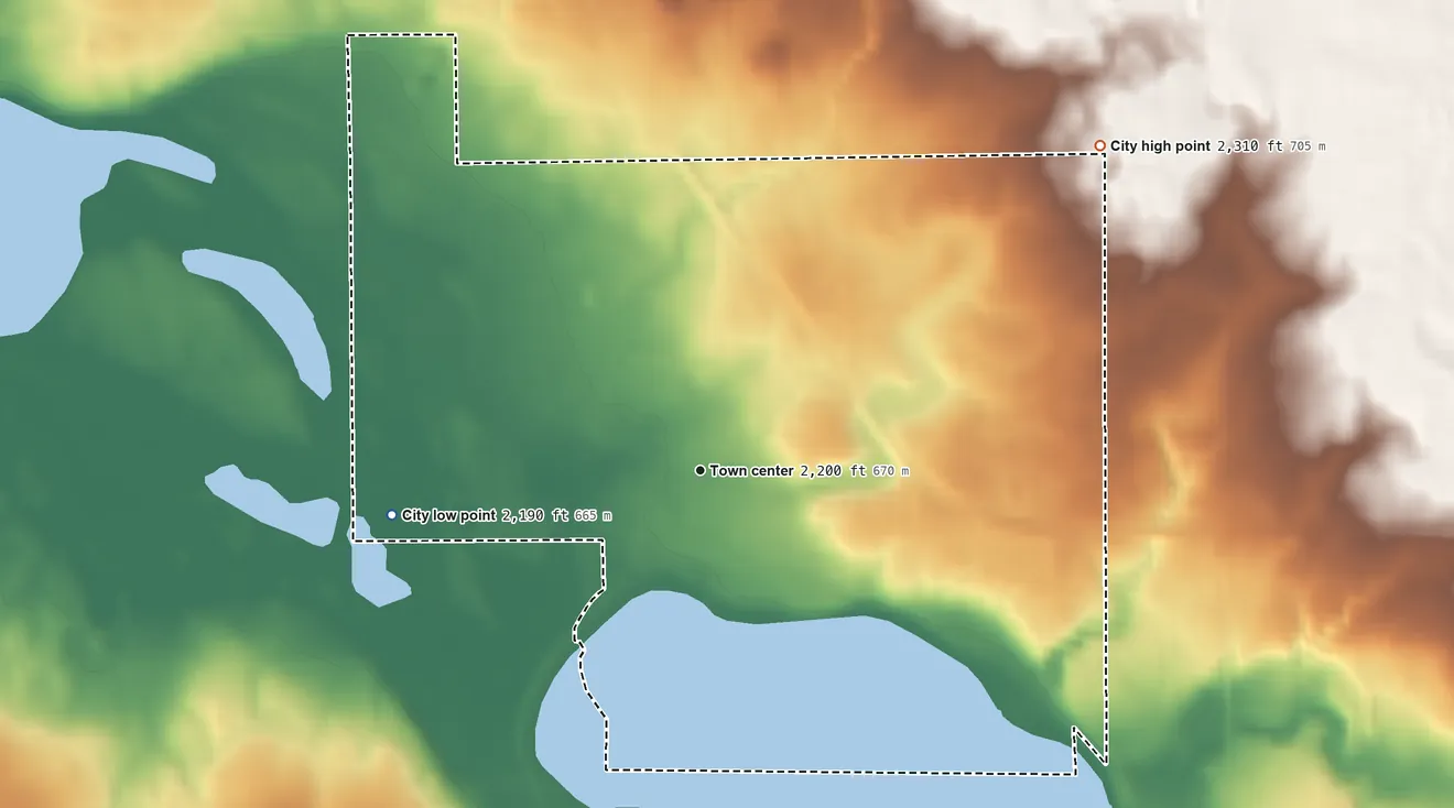 Topographic elevation map of Powers Lake, North Dakota, shaded from 2,190 ft on the west side to 2,310 ft on the northeast side