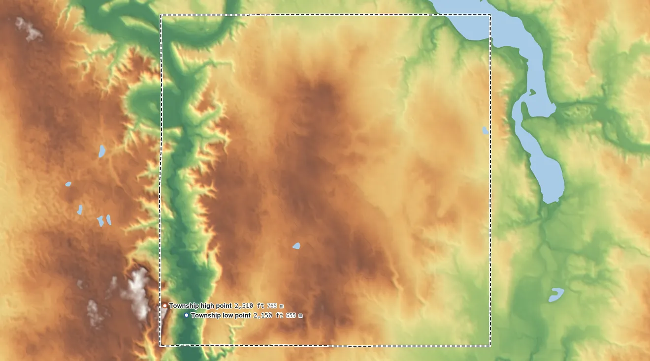 Topographic elevation map of Powers Lake Township, North Dakota, shaded from 2,150 ft on the southwest side to 2,510 ft on the southwest side