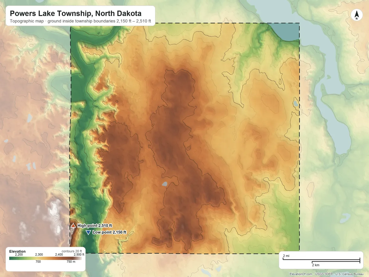 Topographic elevation map of Powers Lake Township, North Dakota, shaded from 2,150 ft on the southwest side to 2,510 ft on the southwest side