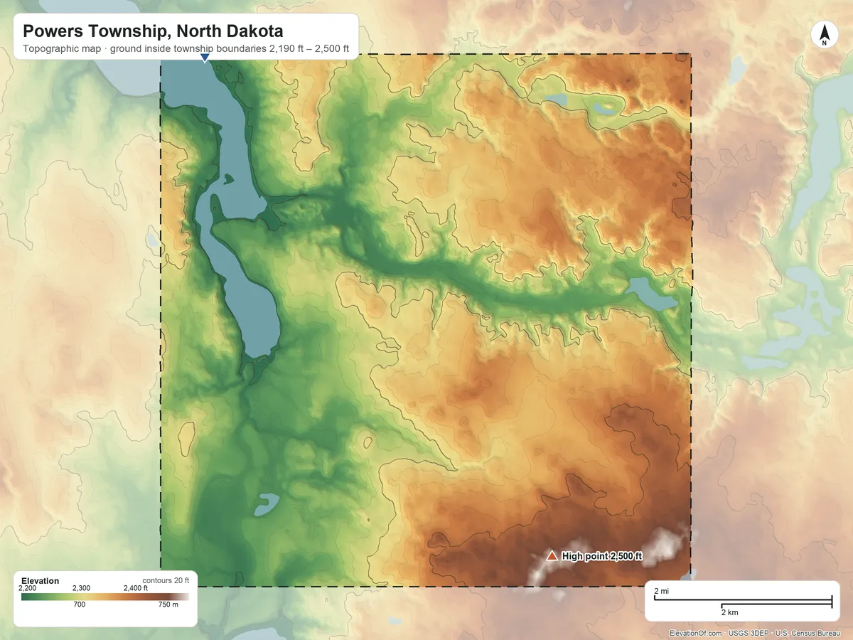 Topographic elevation map of Powers Township, North Dakota, shaded from 2,190 ft on the northwest side to 2,500 ft on the southeast side