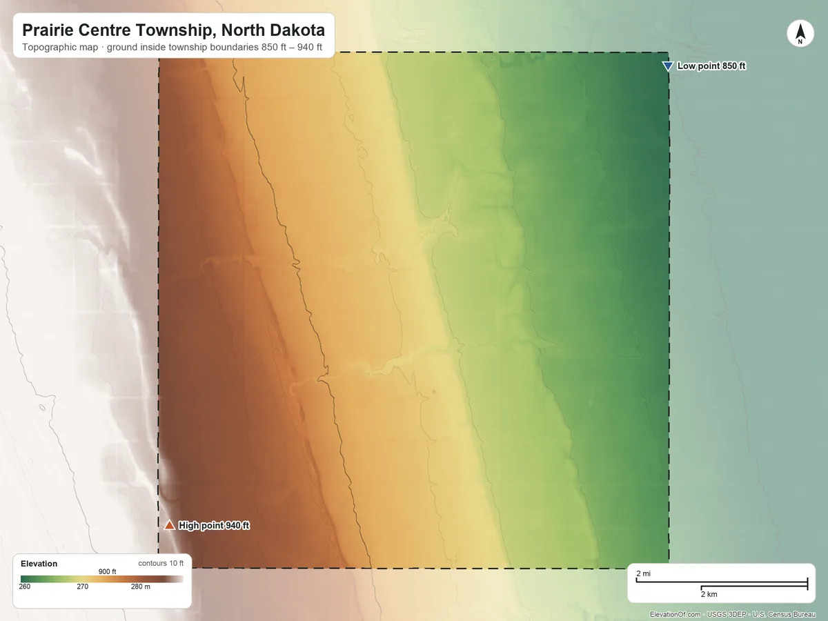 Topographic elevation map of Prairie Centre Township, North Dakota, shaded from 850 ft on the northeast side to 940 ft on the southwest side