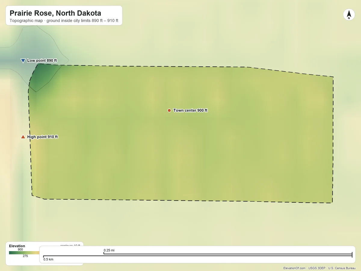 Topographic elevation map of Prairie Rose, North Dakota, shaded from 890 ft on the west side to 910 ft on the west side