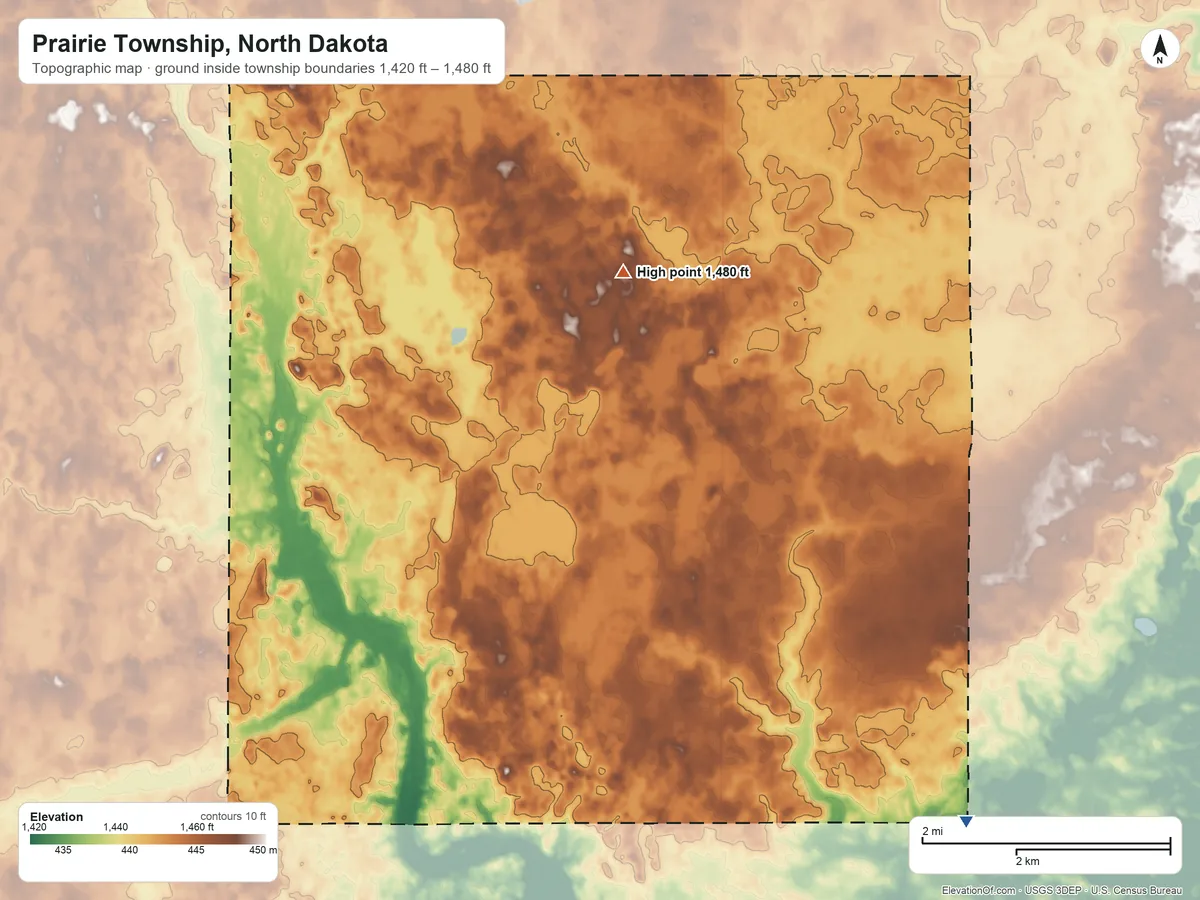 Topographic elevation map of Prairie Township, North Dakota, shaded from 1,420 ft on the southeast side to 1,480 ft on the north side