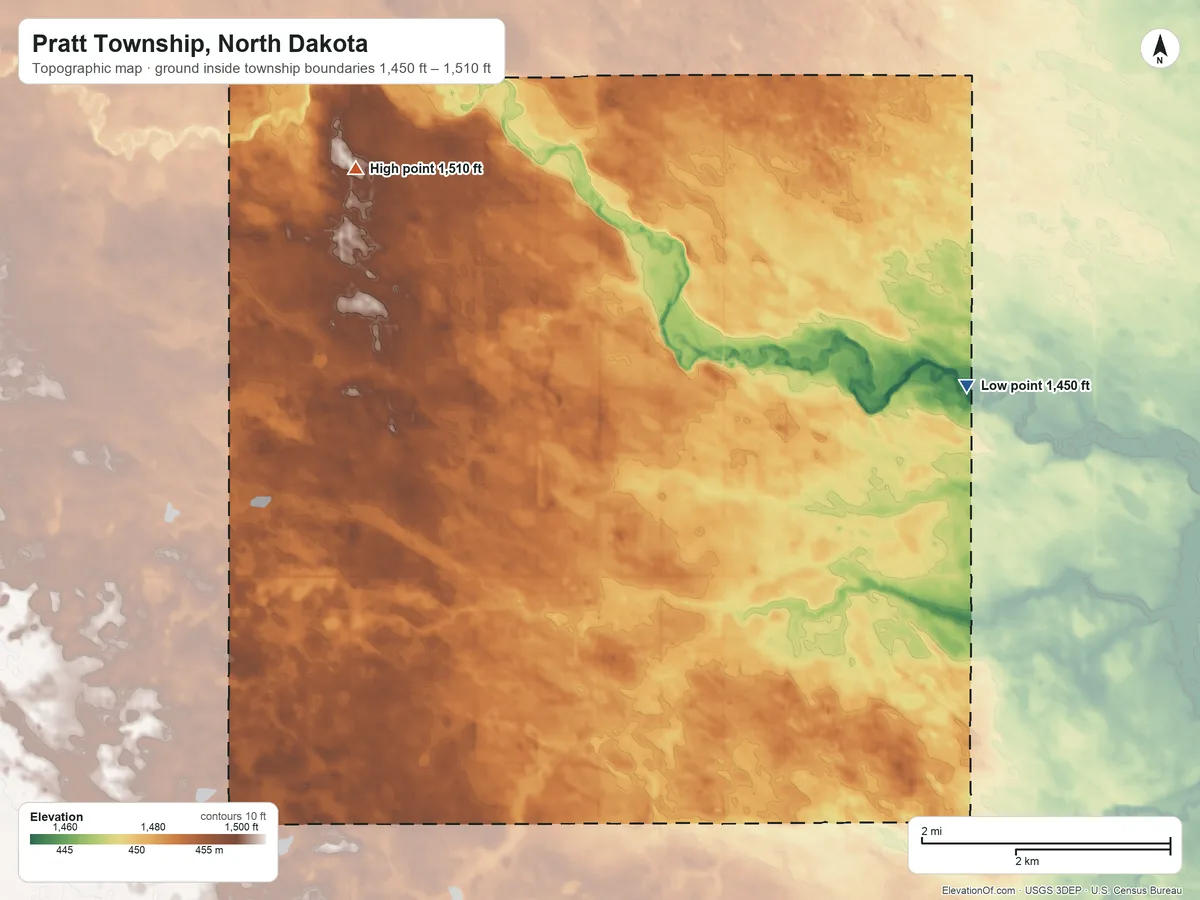 Topographic elevation map of Pratt Township, North Dakota, shaded from 1,450 ft on the east side to 1,510 ft on the northwest side