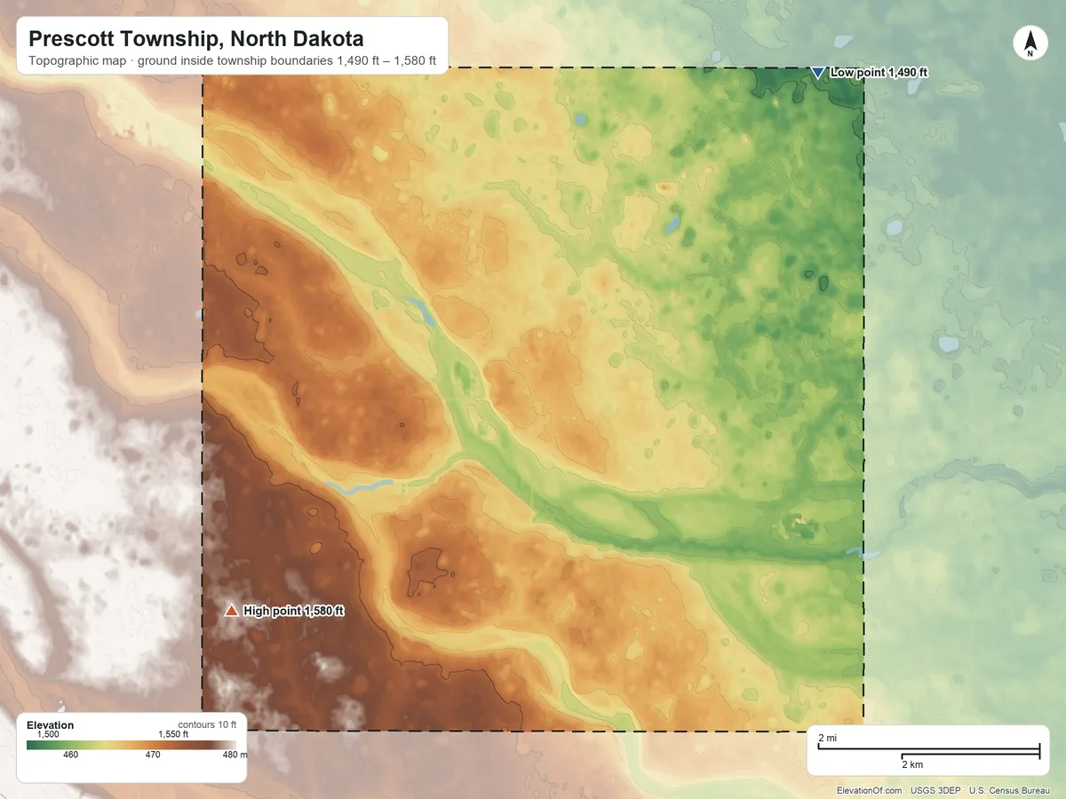 Topographic elevation map of Prescott Township, North Dakota, shaded from 1,490 ft on the northeast side to 1,580 ft on the southwest side