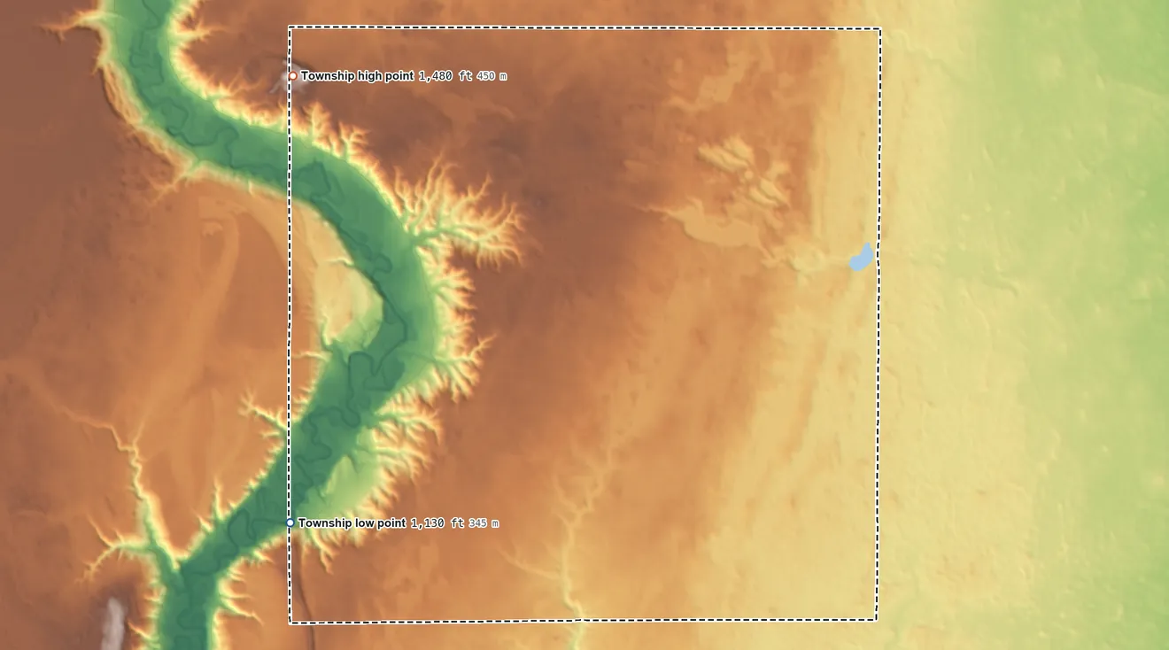 Topographic elevation map of Preston Township, North Dakota, shaded from 1,130 ft on the southwest side to 1,480 ft on Standing Rock Hill