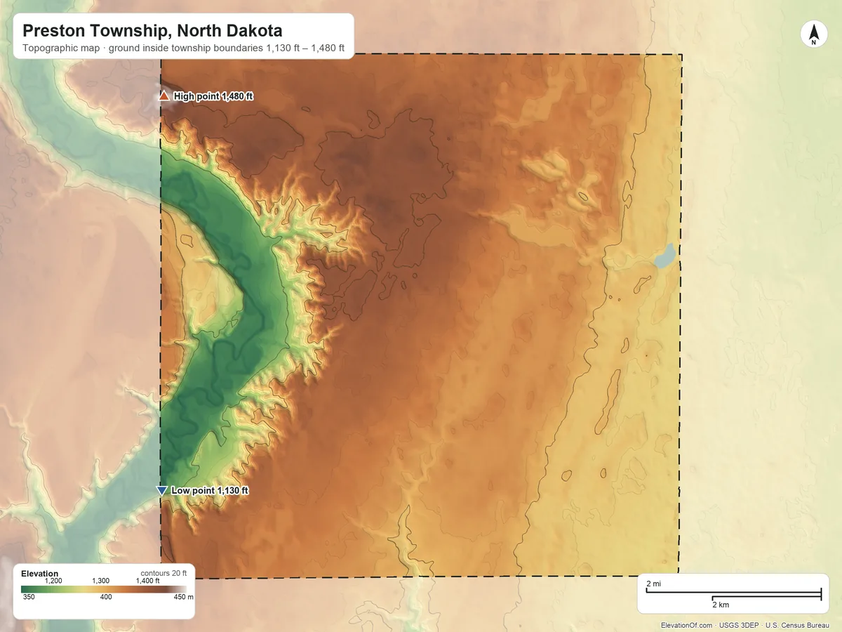 Topographic elevation map of Preston Township, North Dakota, shaded from 1,130 ft on the southwest side to 1,480 ft on Standing Rock Hill