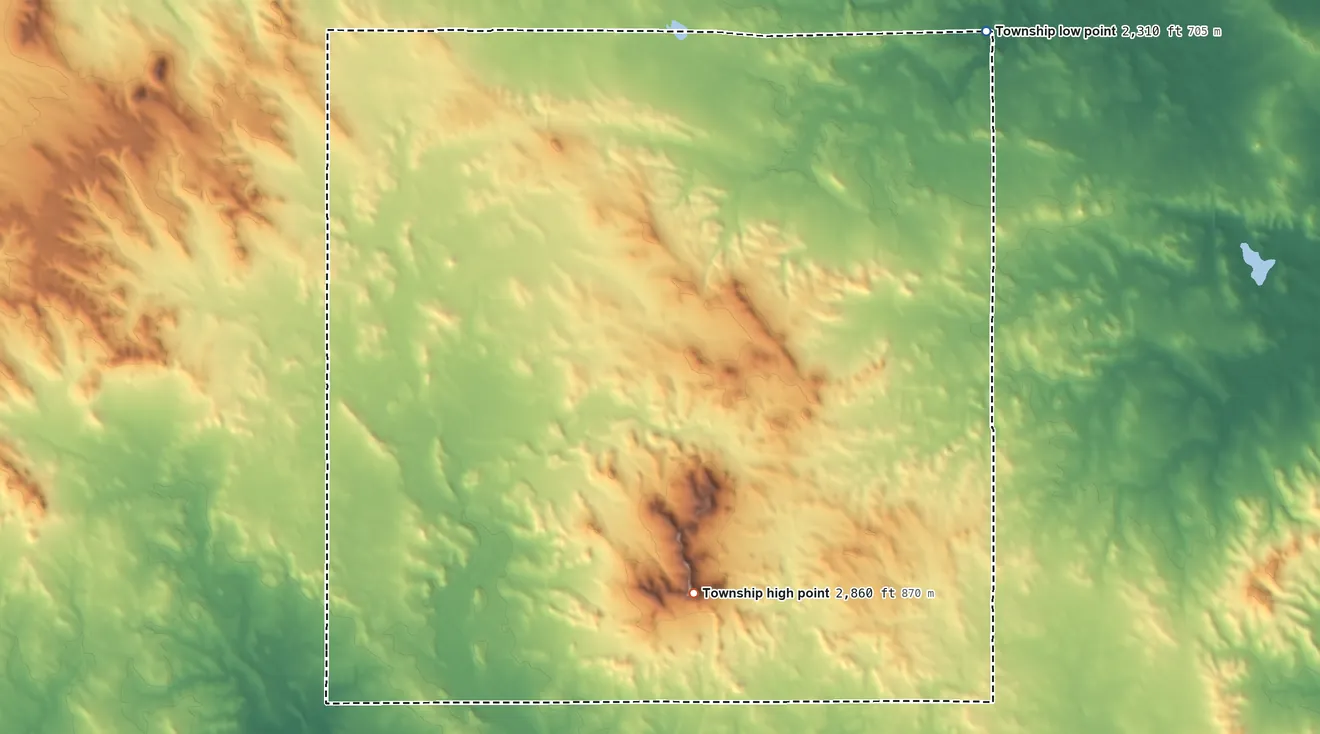 Topographic elevation map of Pretty Rock Township, North Dakota, shaded from 2,310 ft on the northeast side to 2,859 ft on Pretty Rock Butte
