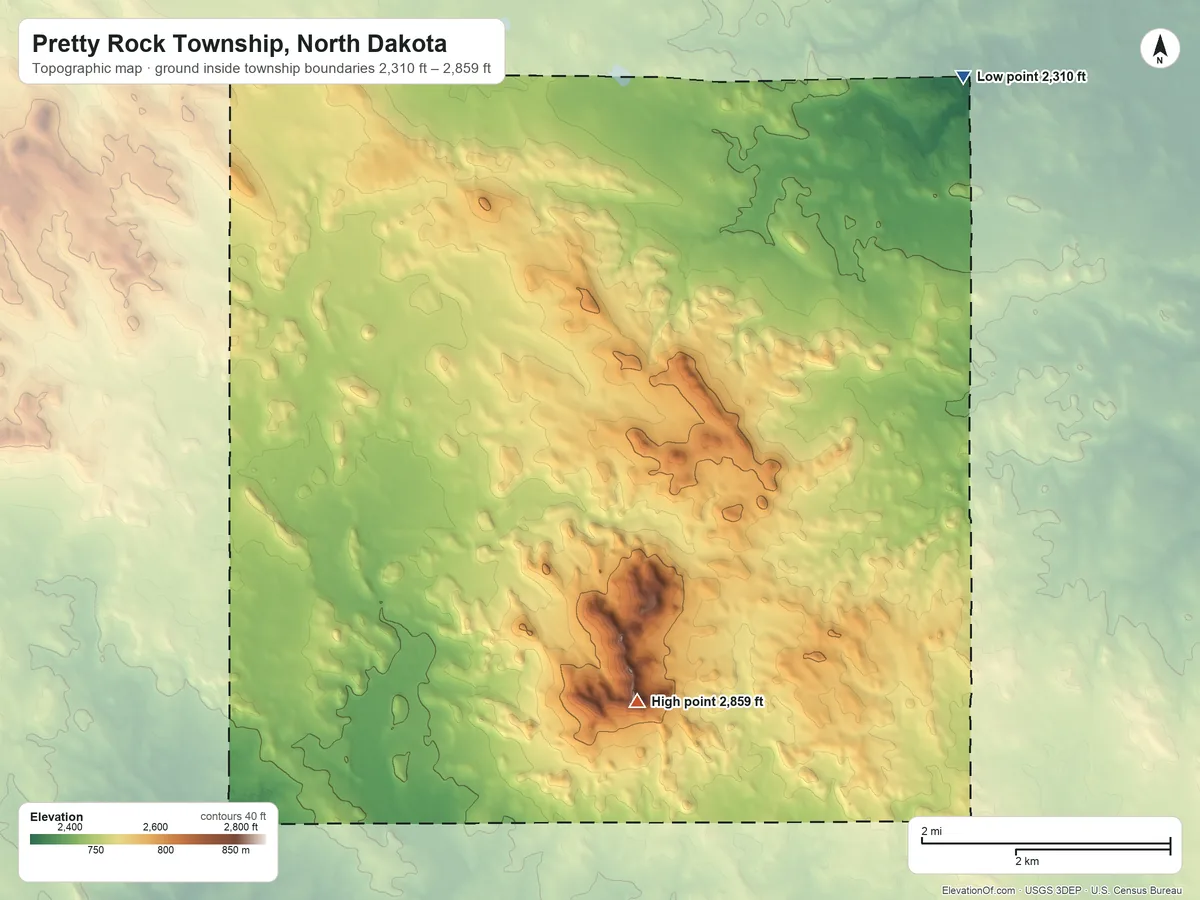 Topographic elevation map of Pretty Rock Township, North Dakota, shaded from 2,310 ft on the northeast side to 2,859 ft on Pretty Rock Butte