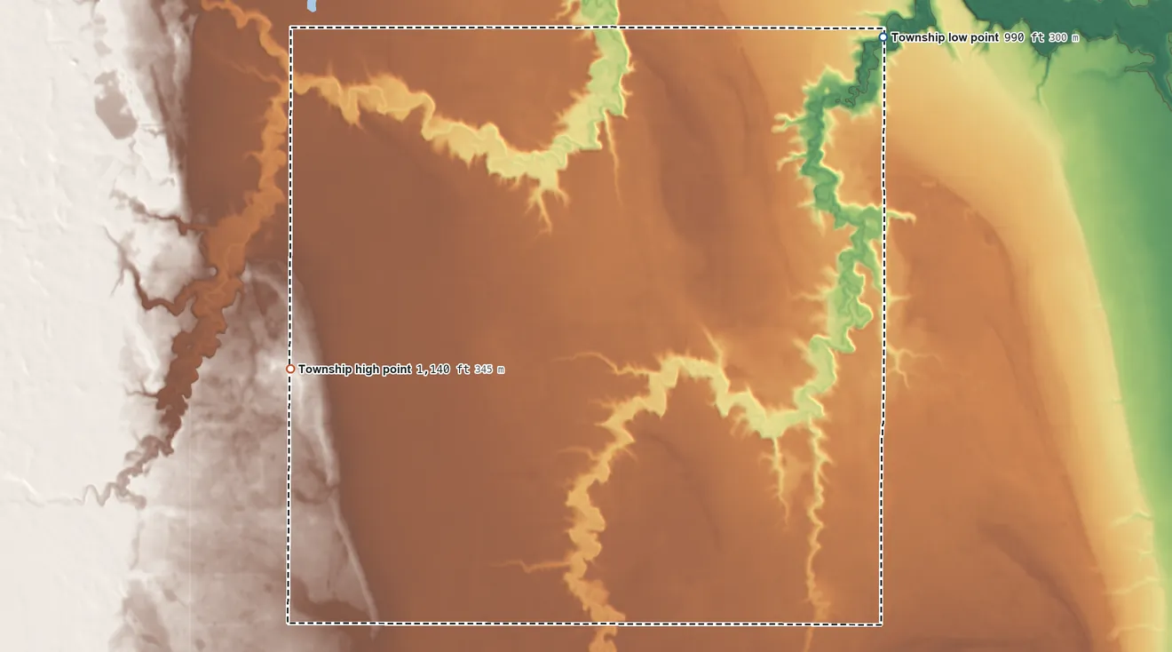 Topographic elevation map of Primrose Township, North Dakota, shaded from 990 ft on the northeast side to 1,140 ft on the west side
