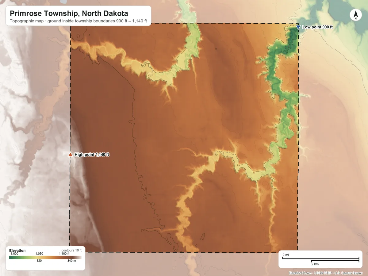 Topographic elevation map of Primrose Township, North Dakota, shaded from 990 ft on the northeast side to 1,140 ft on the west side