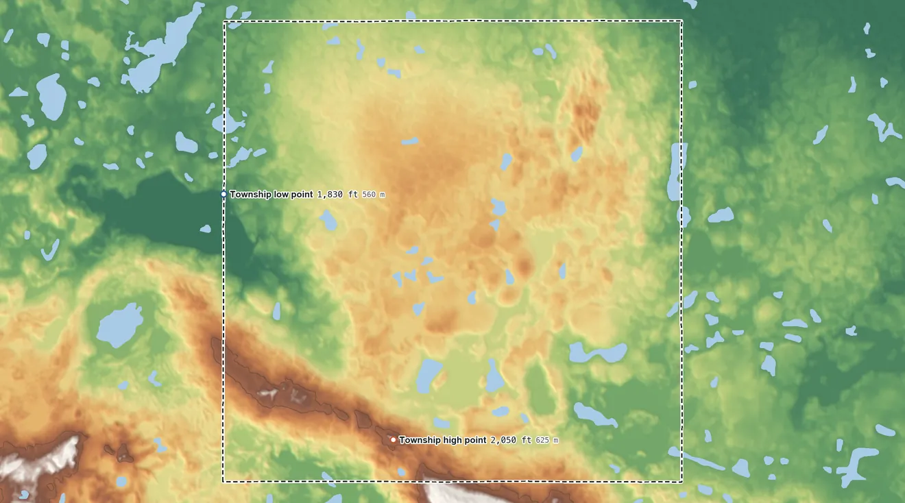 Topographic elevation map of Progress Township, North Dakota, shaded from 1,830 ft on the west side to 2,050 ft on the south side