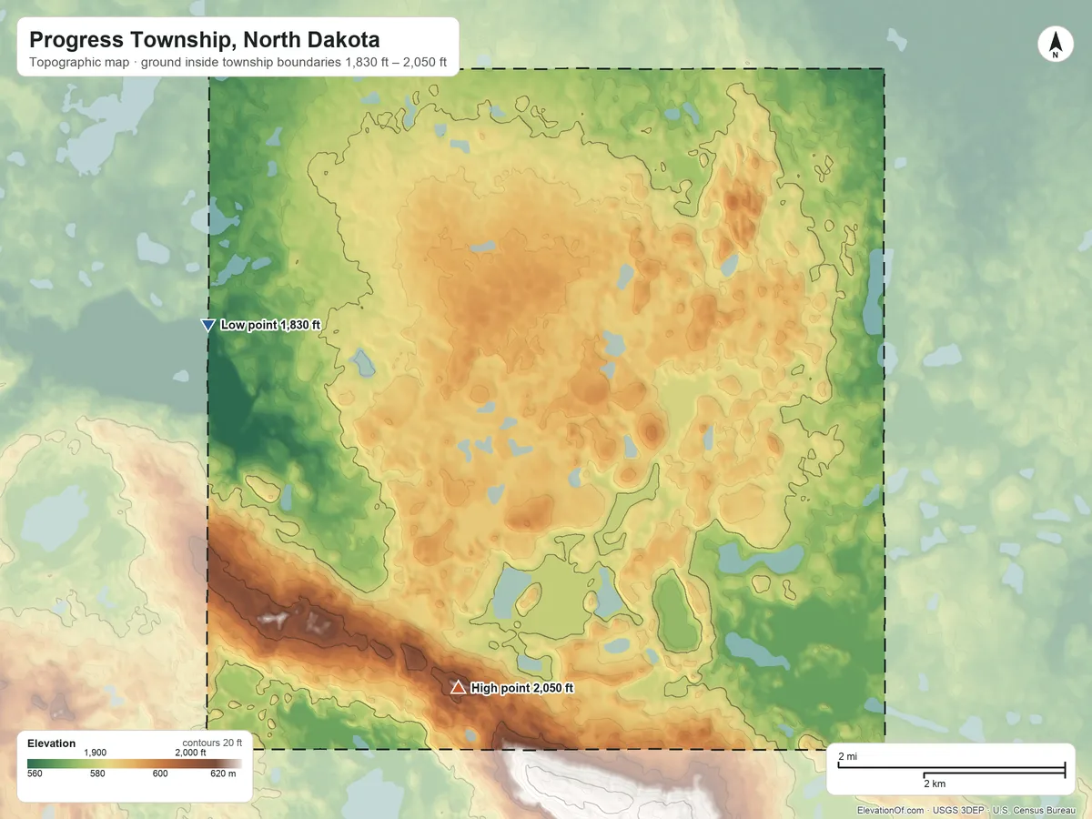 Topographic elevation map of Progress Township, North Dakota, shaded from 1,830 ft on the west side to 2,050 ft on the south side