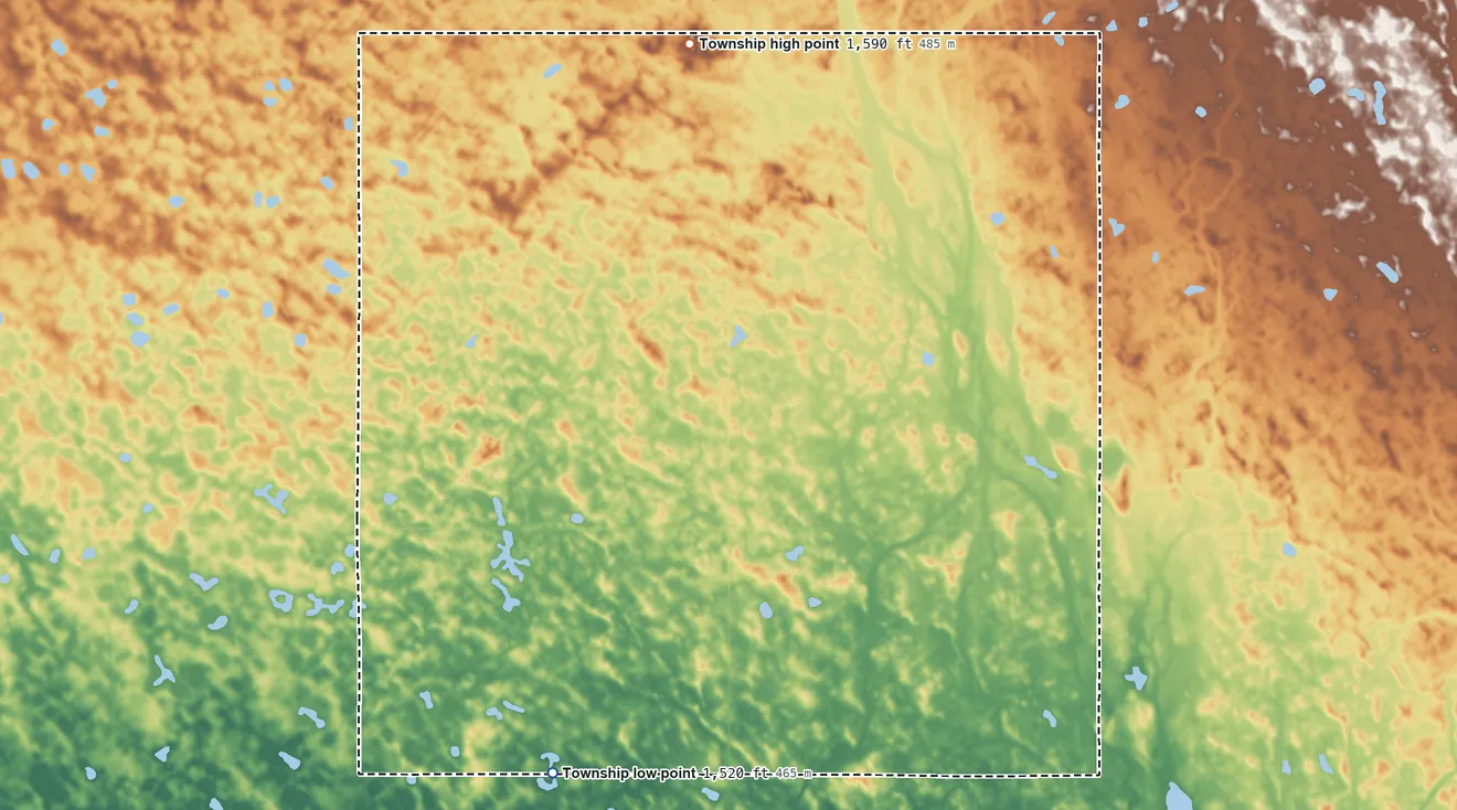 Topographic elevation map of Prospect Township, North Dakota, shaded from 1,520 ft on the south side to 1,590 ft on the north side