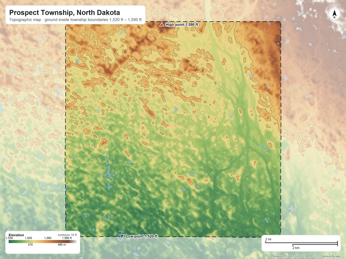Topographic elevation map of Prospect Township, North Dakota, shaded from 1,520 ft on the south side to 1,590 ft on the north side