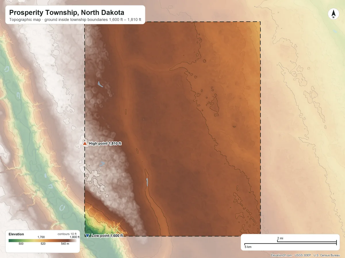 Topographic elevation map of Prosperity Township, North Dakota, shaded from 1,600 ft on the southwest side to 1,810 ft on the west side