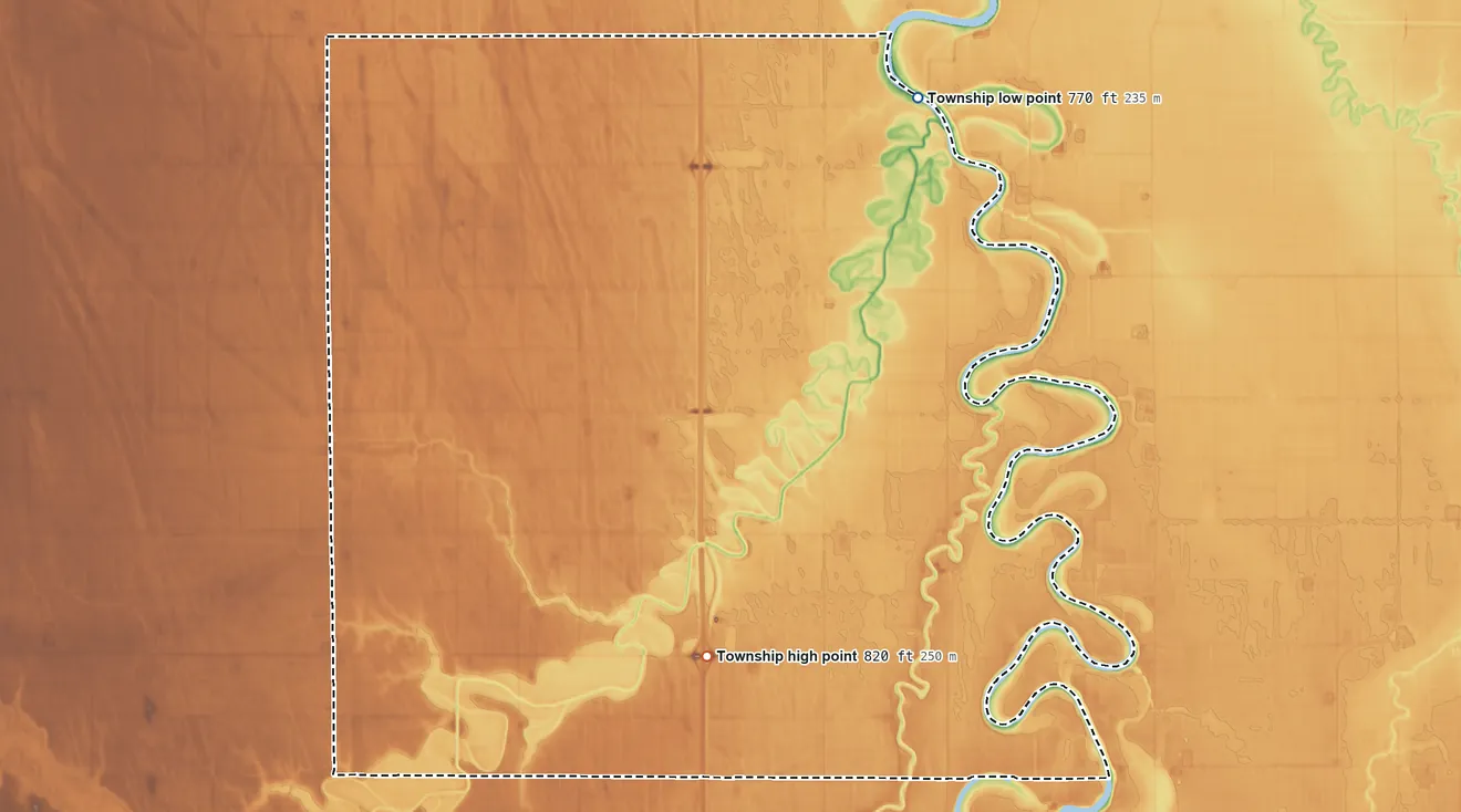 Topographic elevation map of Pulaski Township, North Dakota, shaded from 770 ft on the northeast side to 820 ft on the southeast side