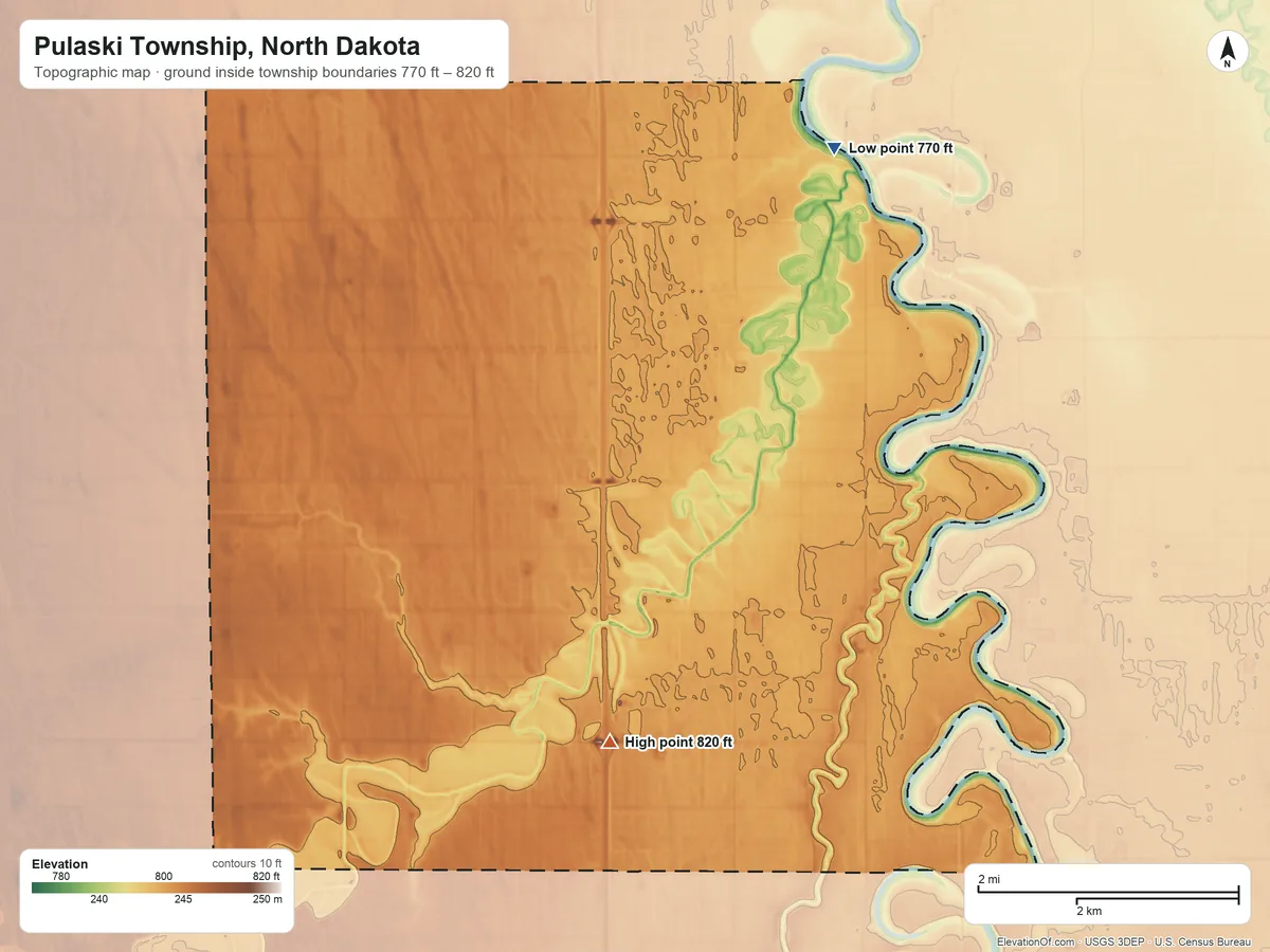 Topographic elevation map of Pulaski Township, North Dakota, shaded from 770 ft on the northeast side to 820 ft on the southeast side