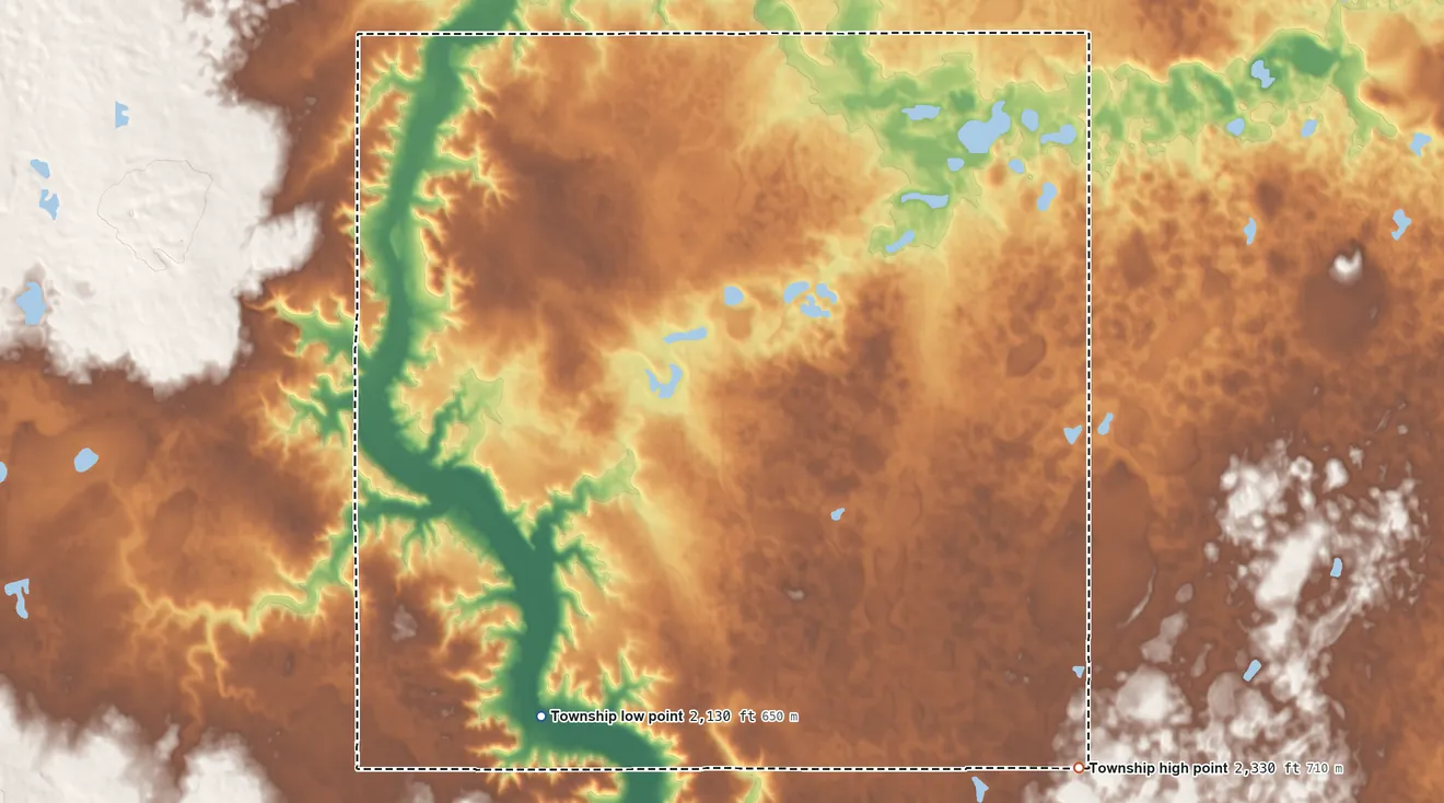 Topographic elevation map of Purcell Township, North Dakota, shaded from 2,130 ft on the southwest side to 2,330 ft on the southeast side